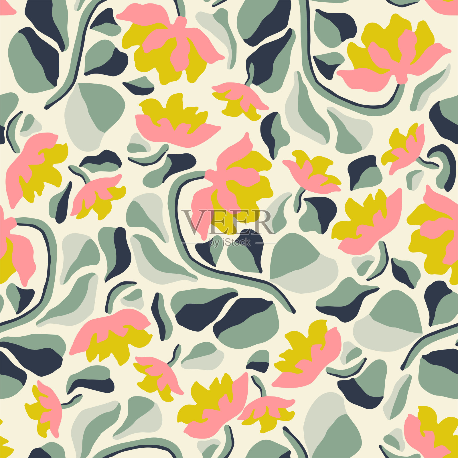 矢量复古的颜色花插图主题无缝重复图案时尚和家庭厨房印花织物数字艺术品插画图片素材