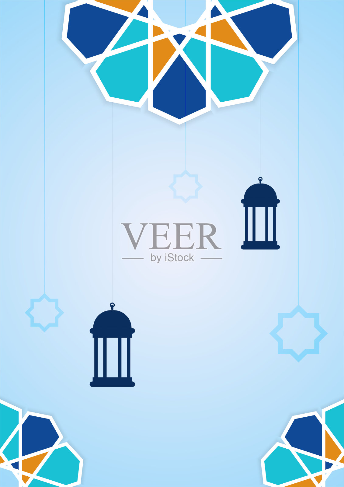 时髦的伊斯兰海报背景清真寺，阿拉伯图案，灯笼，月亮，新月。可用于贺卡，海报，横幅，邀请，小册子，斋月，开斋节，古尔邦，开斋的邀请。插画图片素材