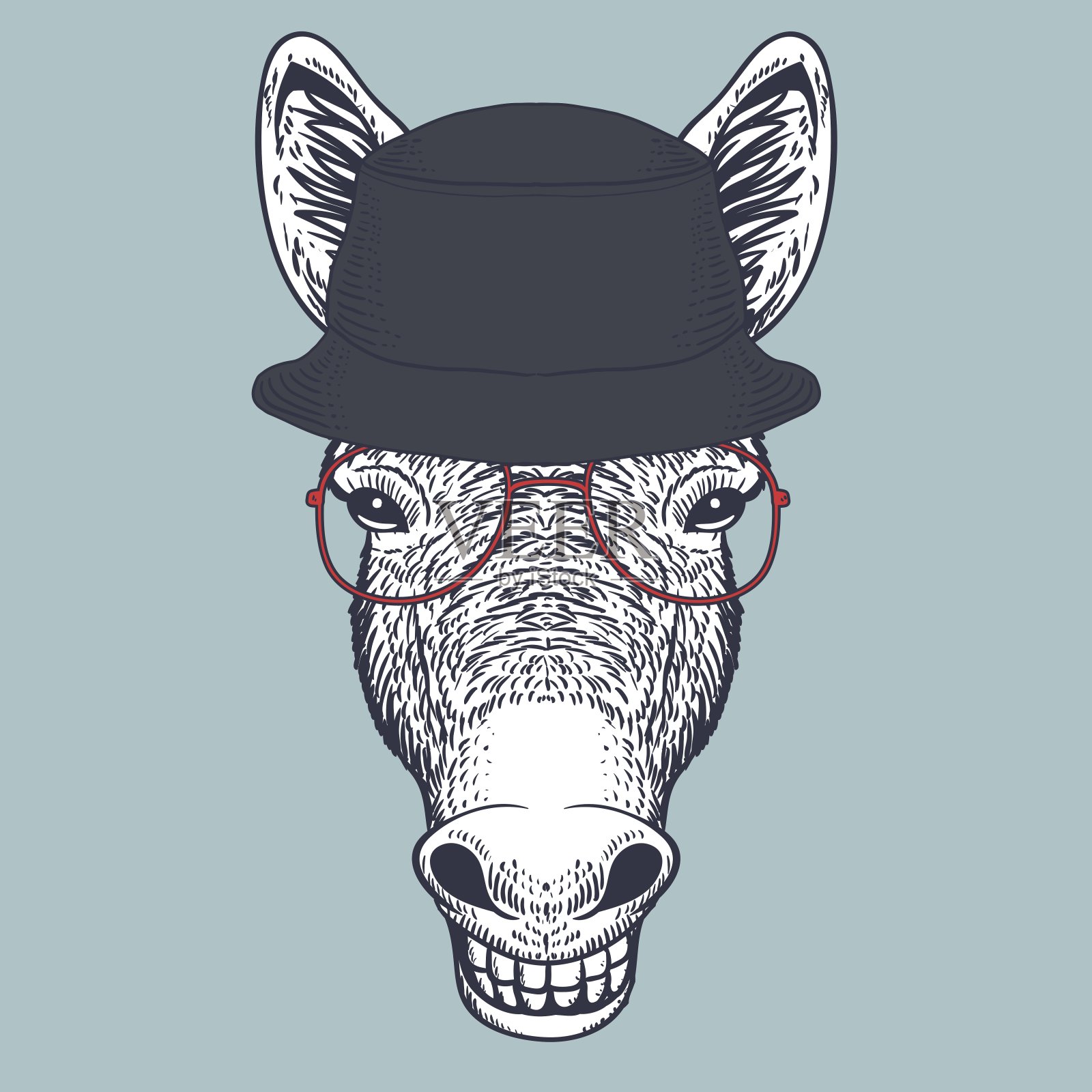 驴手画，戴红色眼镜和水桶帽插画图片素材