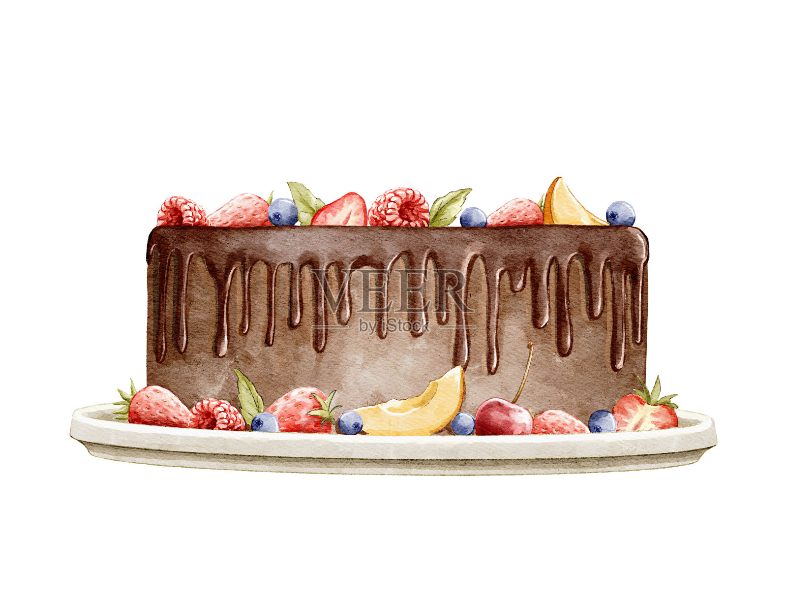 水彩手绘甜可口的浆果巧克力生日蛋糕设计元素图片