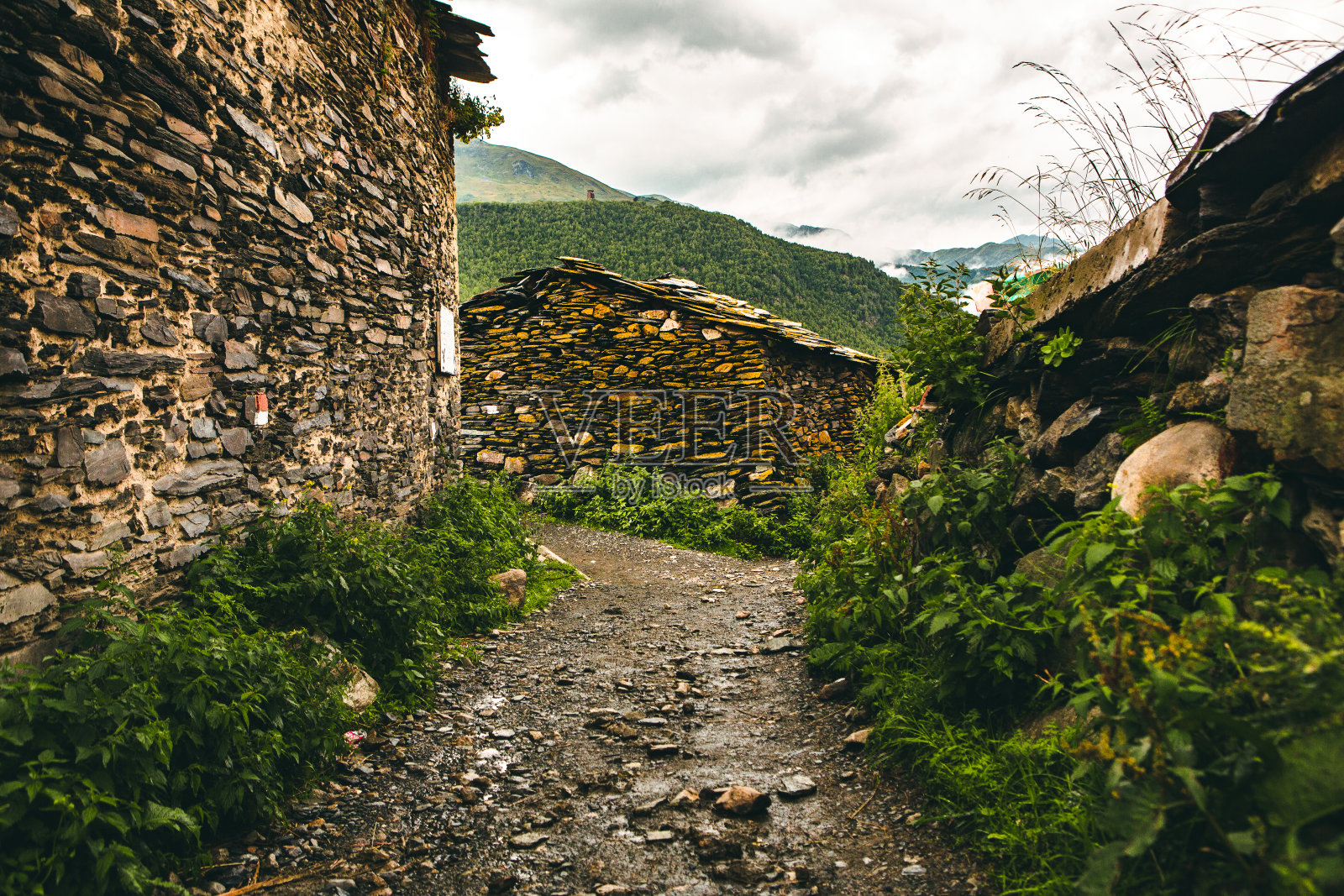 格鲁吉亚高加索山脉古老村庄Usghuli的美丽风景摄影照片摄影图片