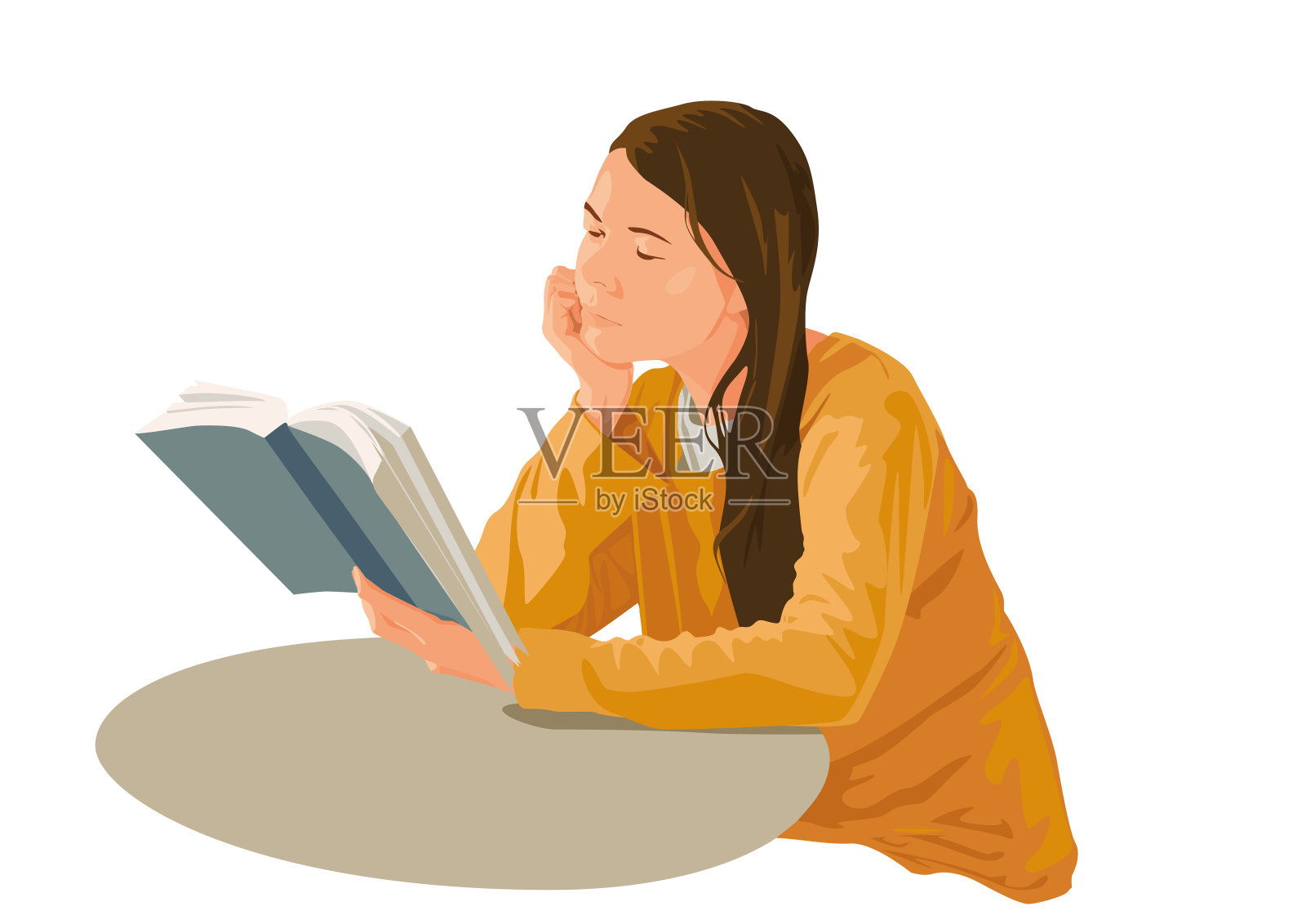 女学生坐在桌子旁看书插画图片素材