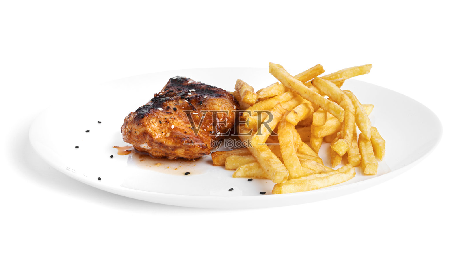 炸薯条与烤鸡排孤立在白色背景上照片摄影图片