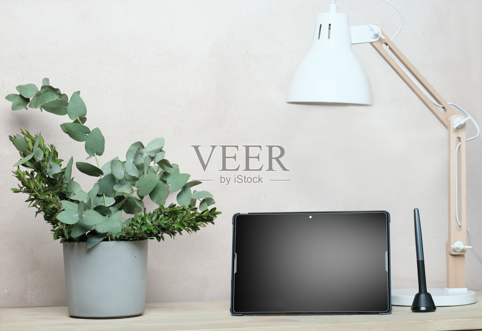 模板PC平板屏幕与数字笔在木桌上。最小的斯堪的纳维亚设计的台灯和桉树叶子在水泥锅。潮人风格的装饰。照片摄影图片