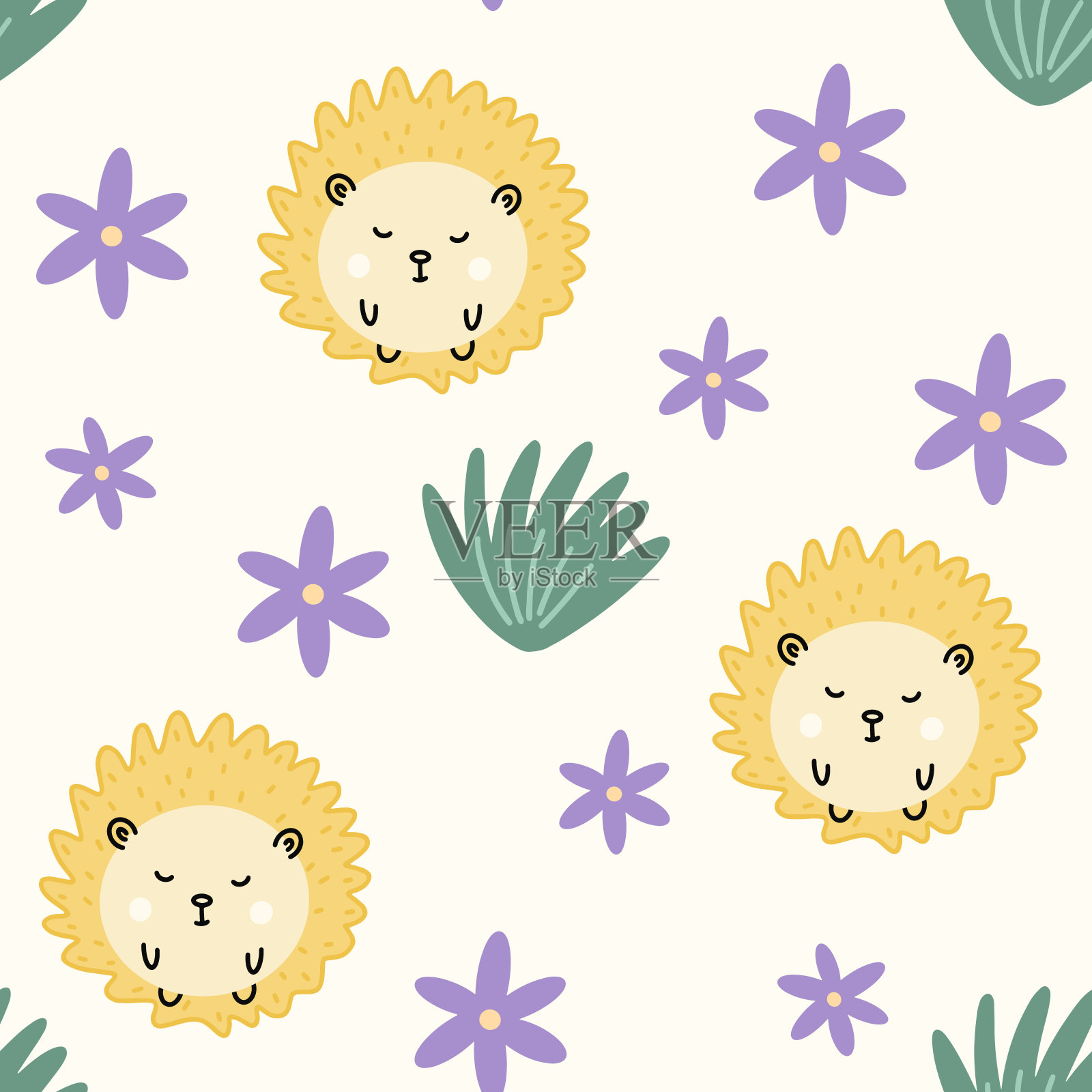 可爱的刺猬无缝图案。矢量插图，织物设计，礼品纸，婴儿衣服，纺织品，卡片。插画图片素材