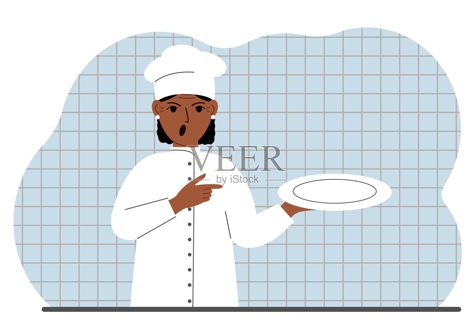 戴着帽子的邪恶厨子手里拿着一个空盘子。向量插画图片素材