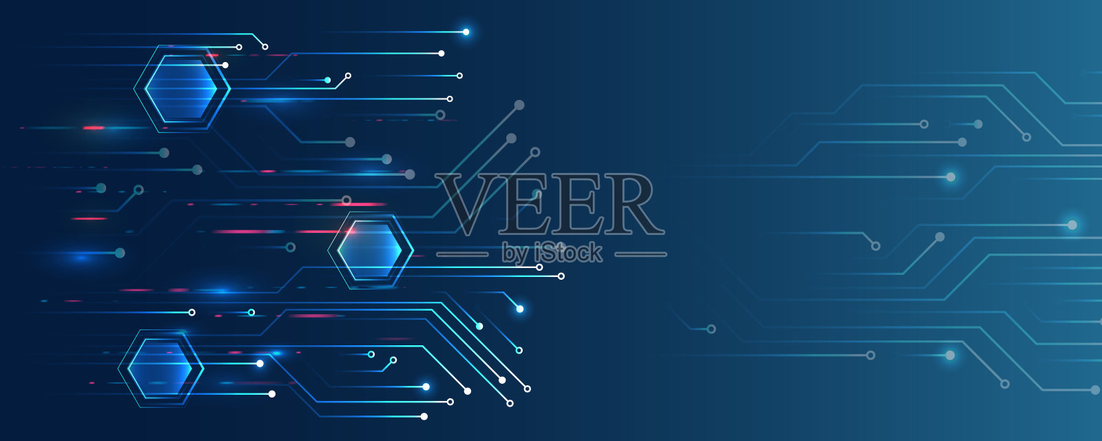 摘要六边形科学在蓝色背景上。高科技数字技术和工程概念。广泛的科幻小说模板与多边形。插画图片素材