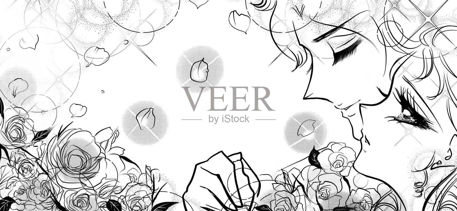 70年代的少女漫画，讲述了美丽的公主和王子相爱的故事插画图片素材