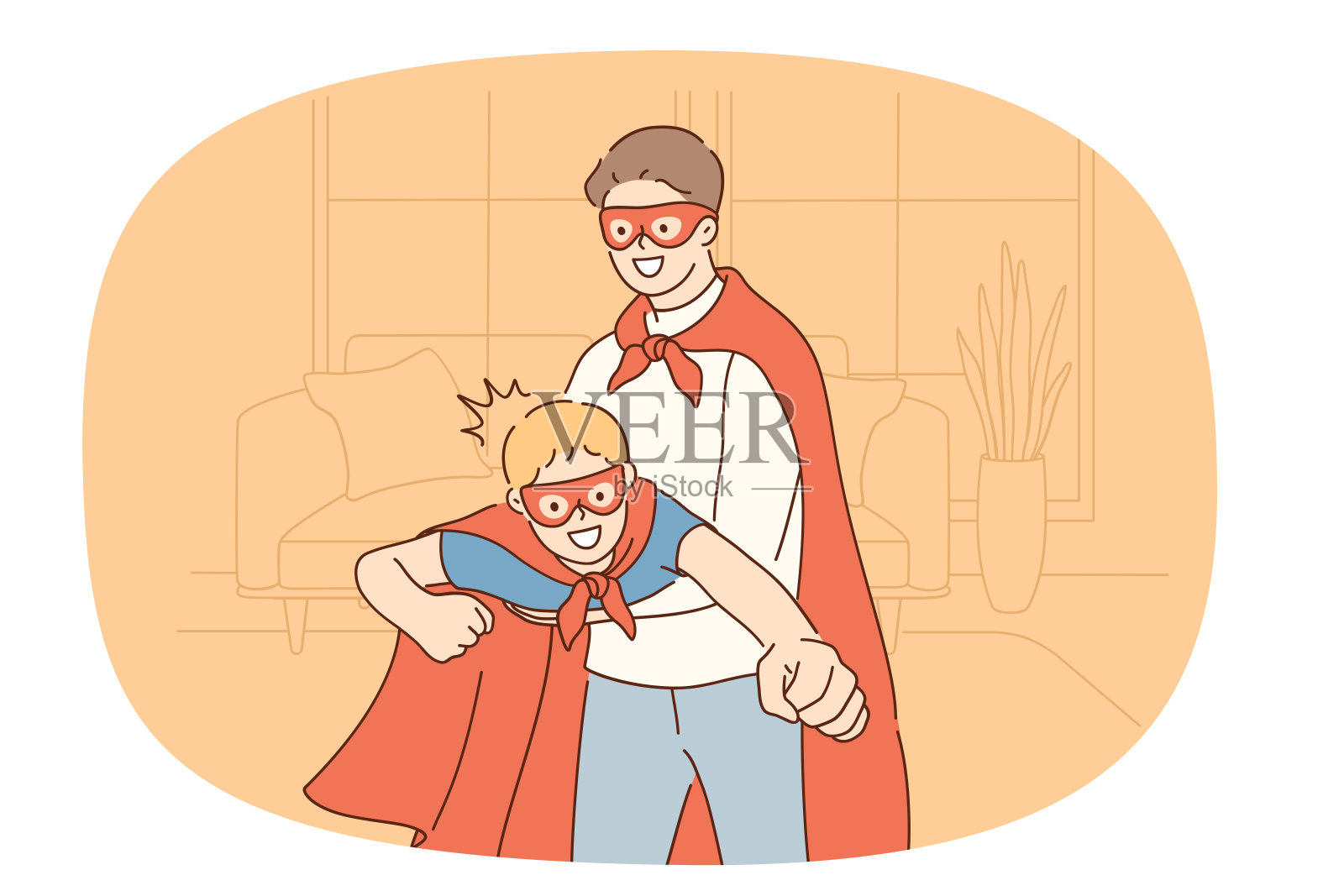 慈父在家陪小儿子玩插画图片素材