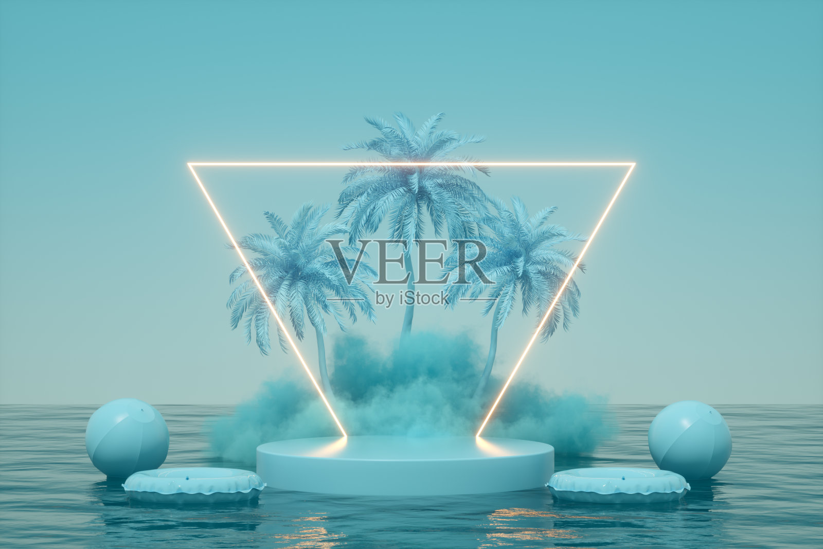 夏季讲台展示产品介绍霓虹灯发光灯架，云朵和棕榈树在海蓝色背景照片摄影图片