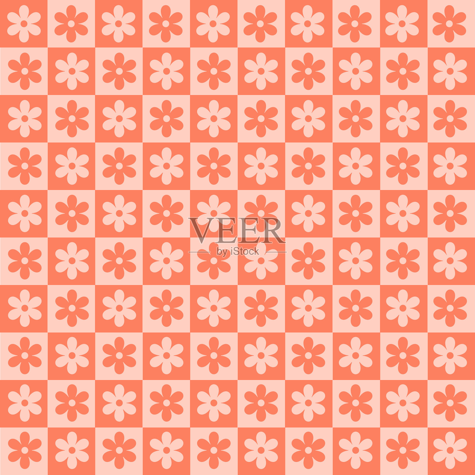 棋盘单色无缝图案与红色几何形状的花。插画图片素材