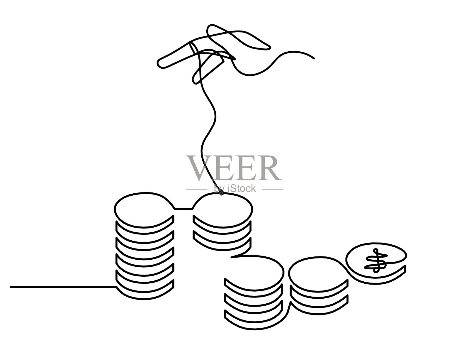抽象的硬币，用手在白色的背景上画上连续的线条插画图片素材