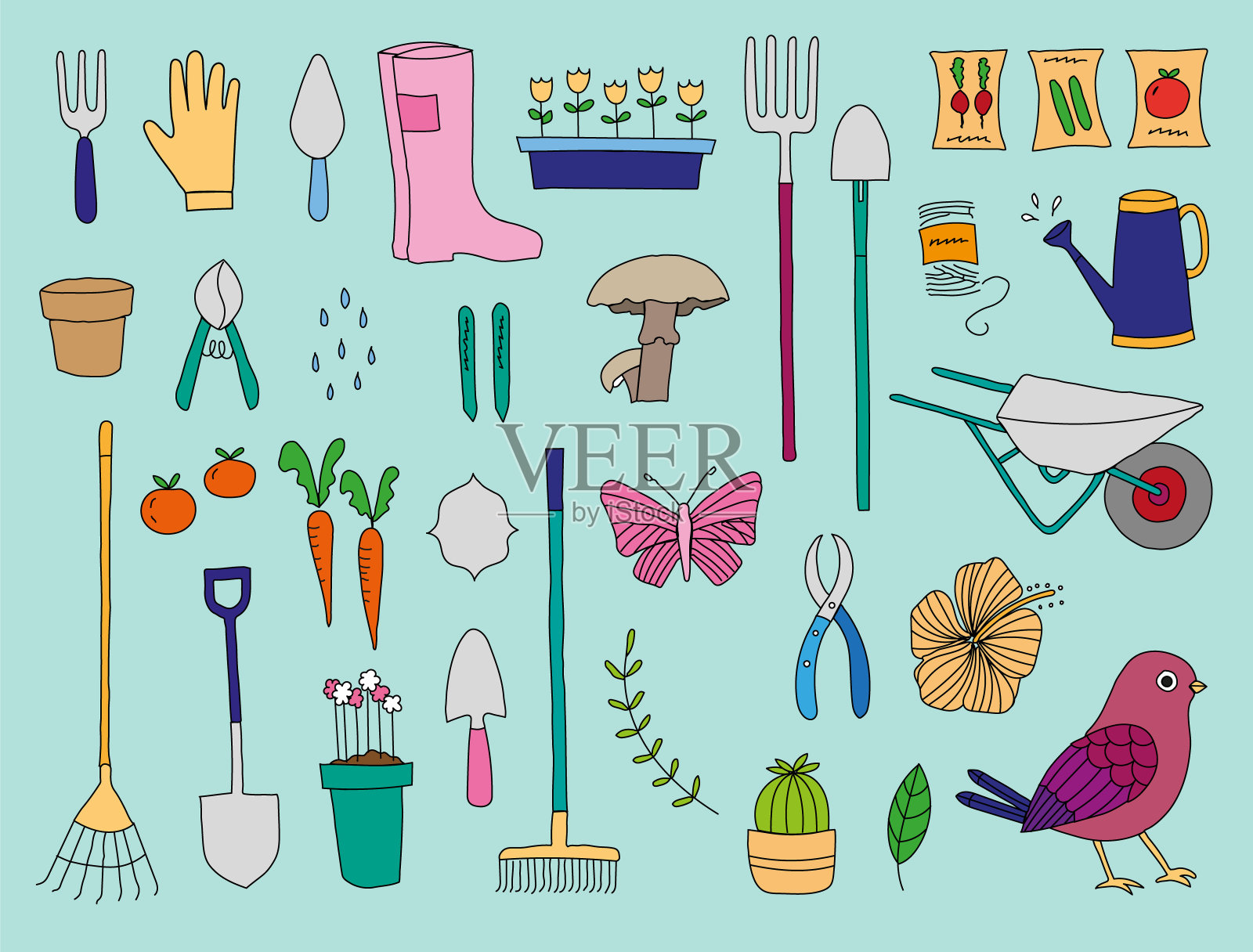 园艺工具及植物插画图片素材