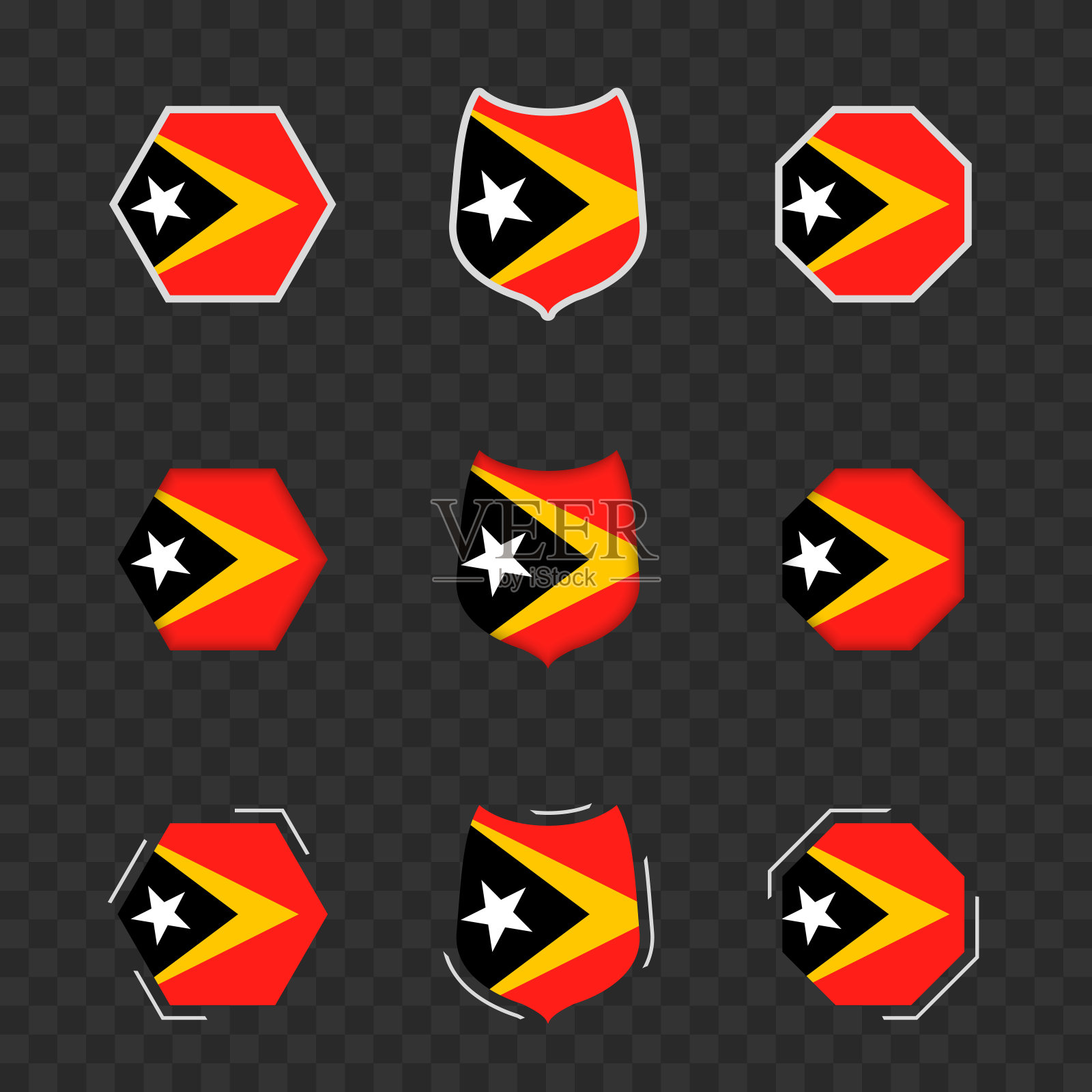 东帝汶的国家标志在黑色透明的背景上，矢量东帝汶旗帜。插画图片素材