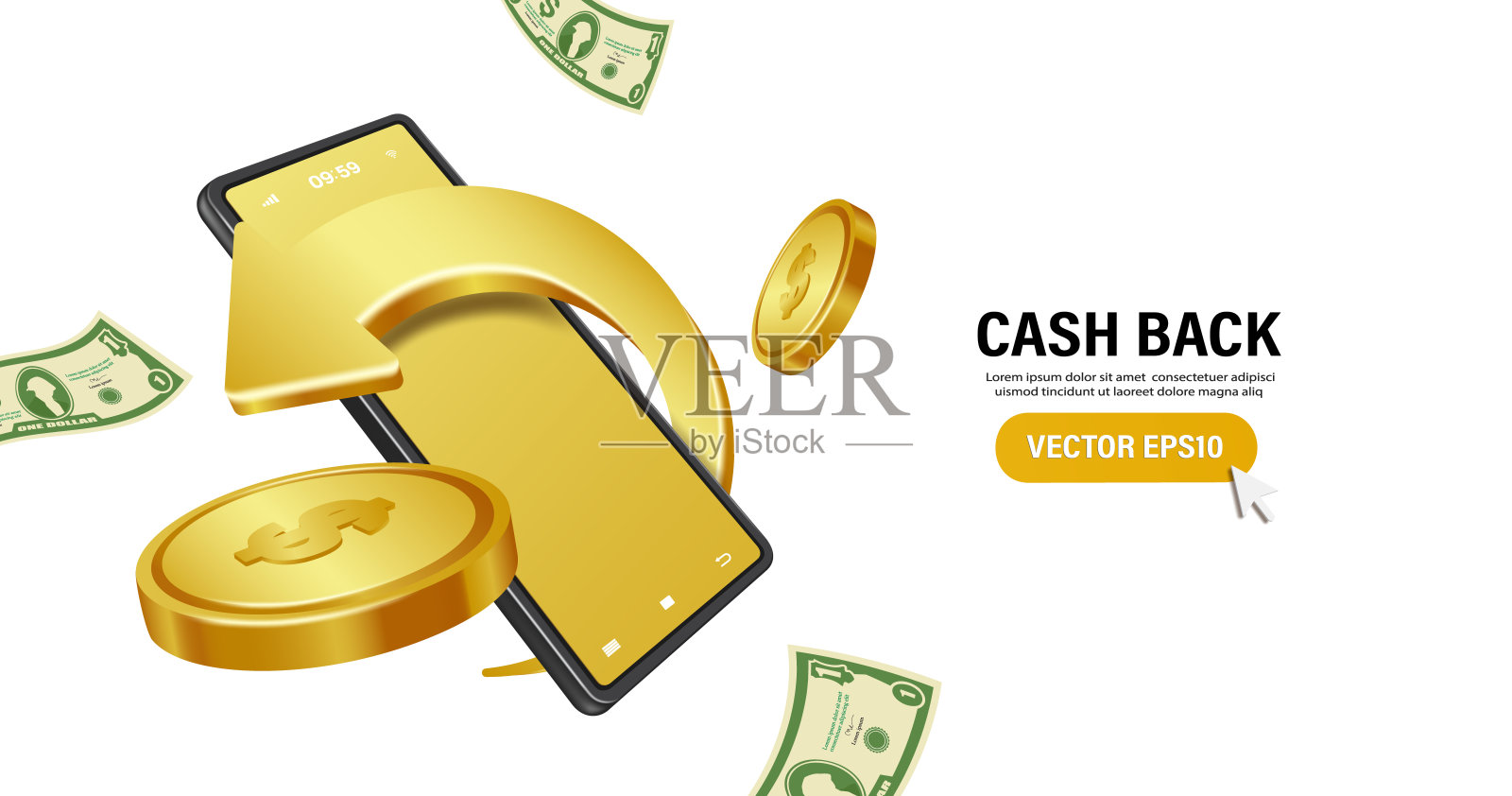 金箭围绕着智能手机。到处都是金币和美钞设计模板素材