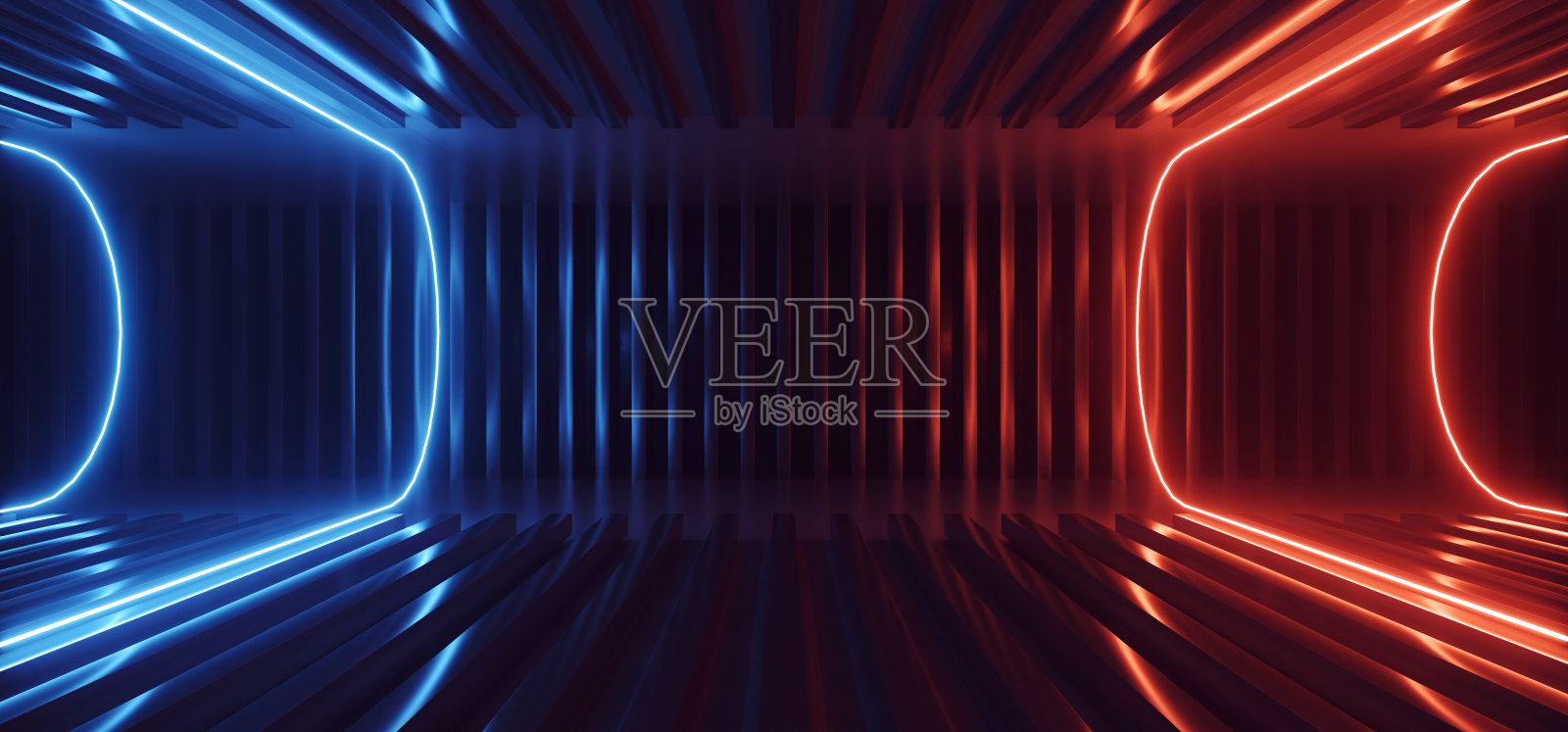 科幻霓虹发光曲线条黄蓝线未来金属仓库外星人飞船房间清洁黑暗机库平台走廊3D渲染照片摄影图片