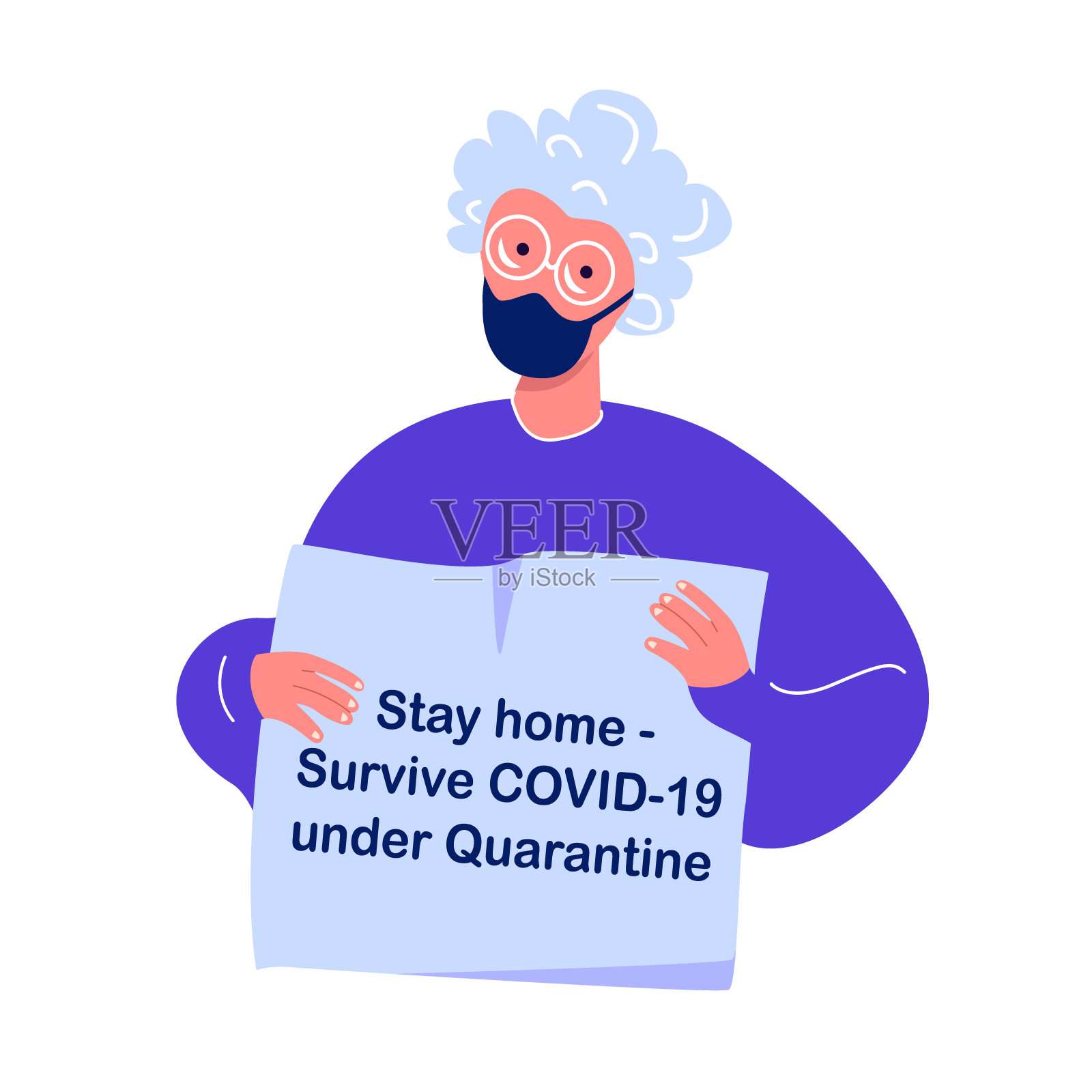 冠状病毒疫情警告。2019新型冠状病毒病(COVID - 19)，戴着医用口罩的老年妇女。关于隔离的预防措施建议插画图片素材