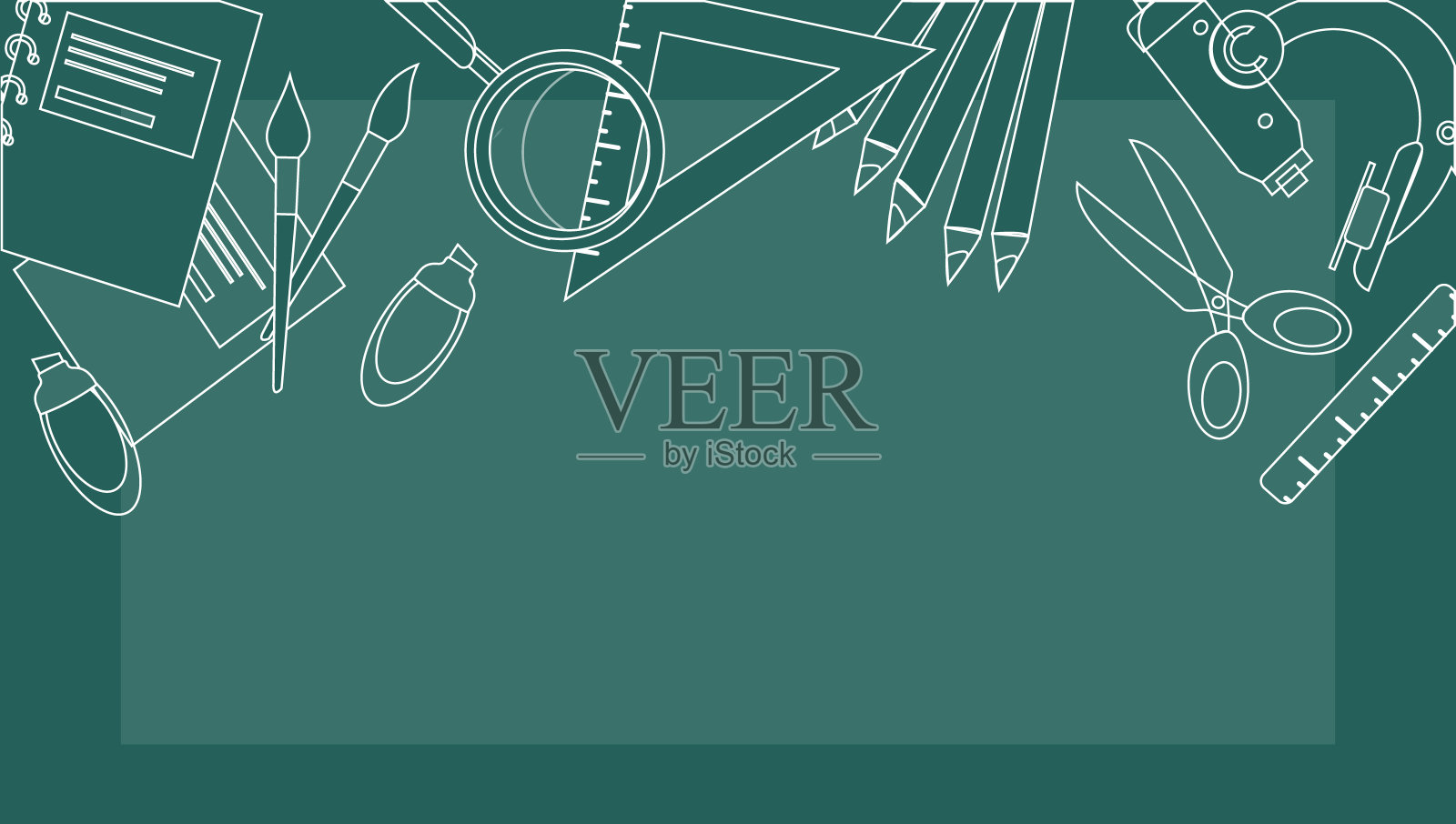 班纳回到学校。水平海报与学校用品配件元素。Handdrawn大纲。办公室教育文具工具，放置在绿色背景的文字。推广模板。插图插画图片素材