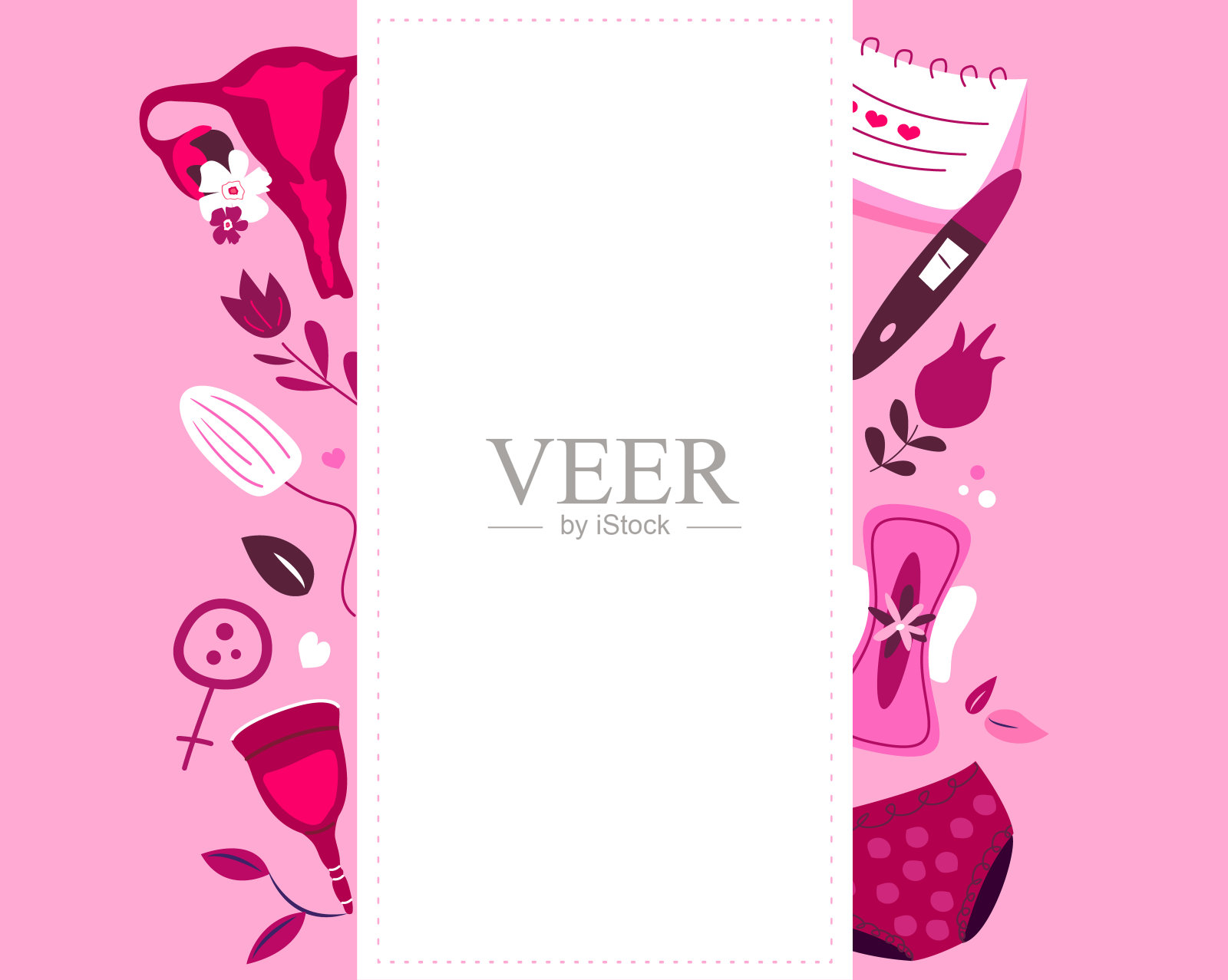 月经构成海报。女性经期、经血、子宫、子宫、卵巢、排卵期、验孕棒、内裤、卫生巾、卫生棉条、可重复使用杯、鲜花。粉色平面矢量图设计模板素材