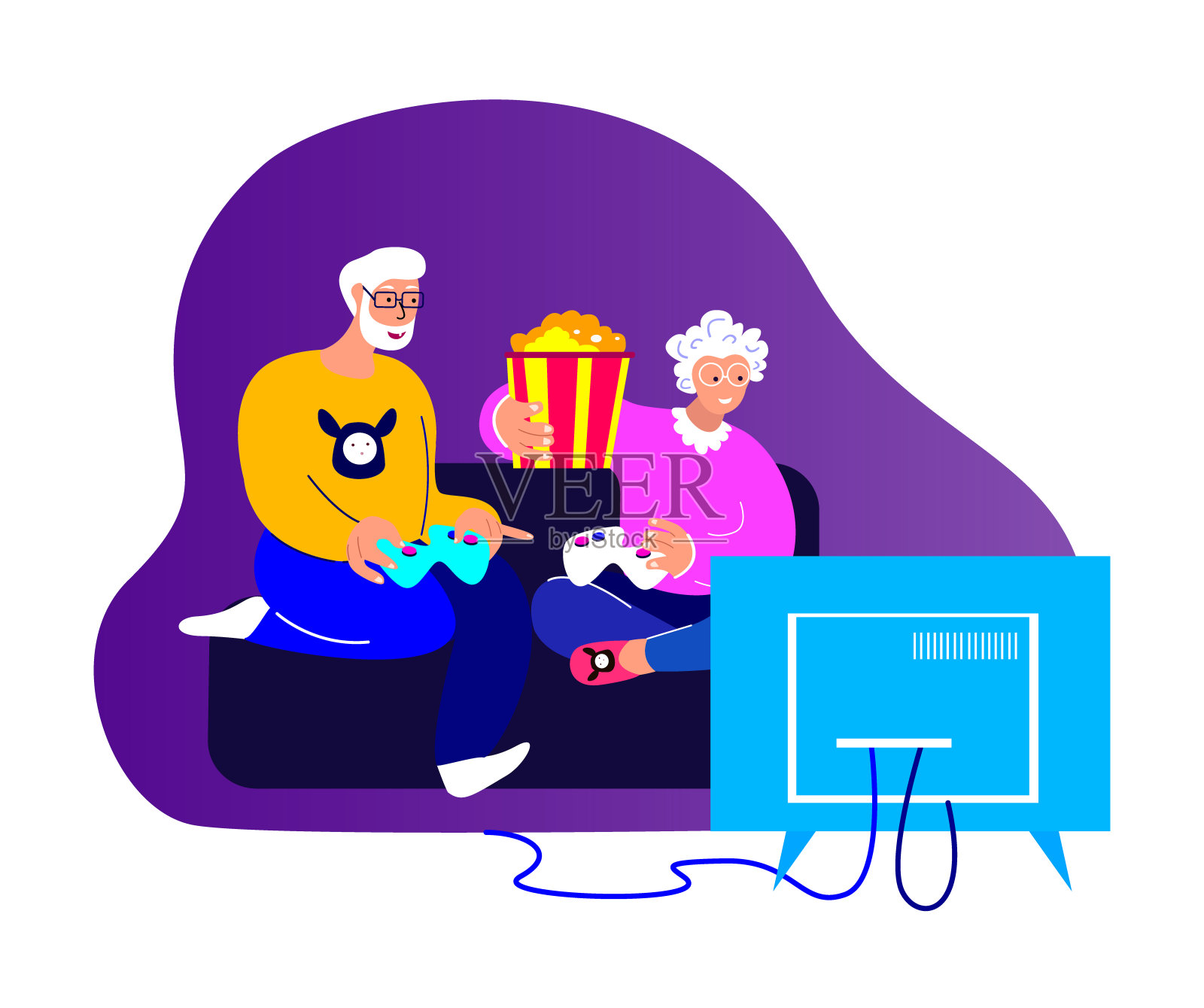 快乐的老夫妇，祖父母，丈夫在电视上玩游戏。家人一起玩，爆米花。人们待在家里隔离配偶周年纪念年老养老金领取者。平面向量插图插画图片素材