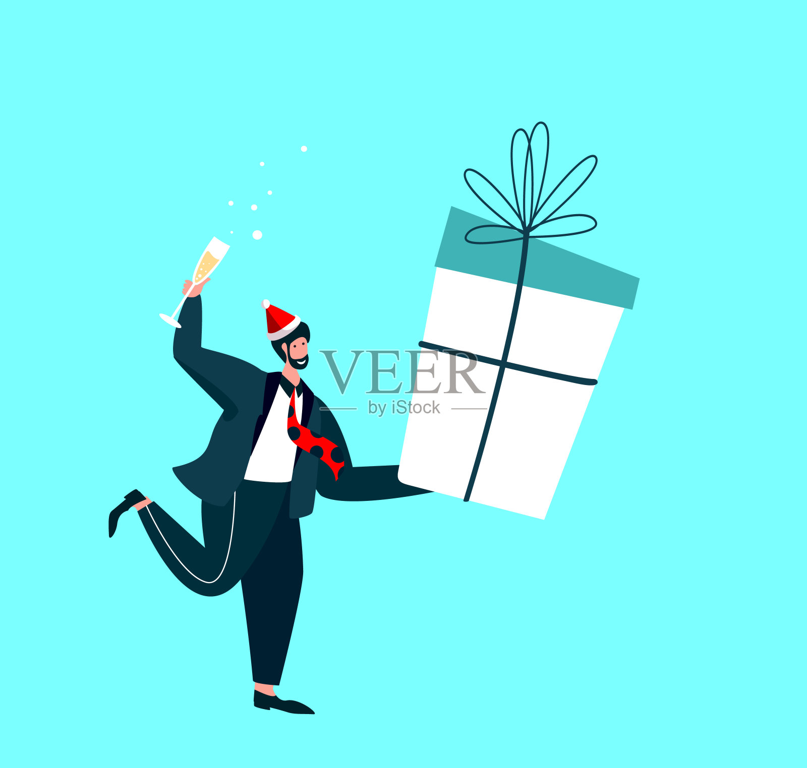 快乐微笑的男人拿着巨大的礼盒包装，丝带蝴蝶结，圣诞礼物，新年假期。香槟酒杯。庆祝圣诞节购买。节日促销购物传单广告平面矢量插图插画图片素材