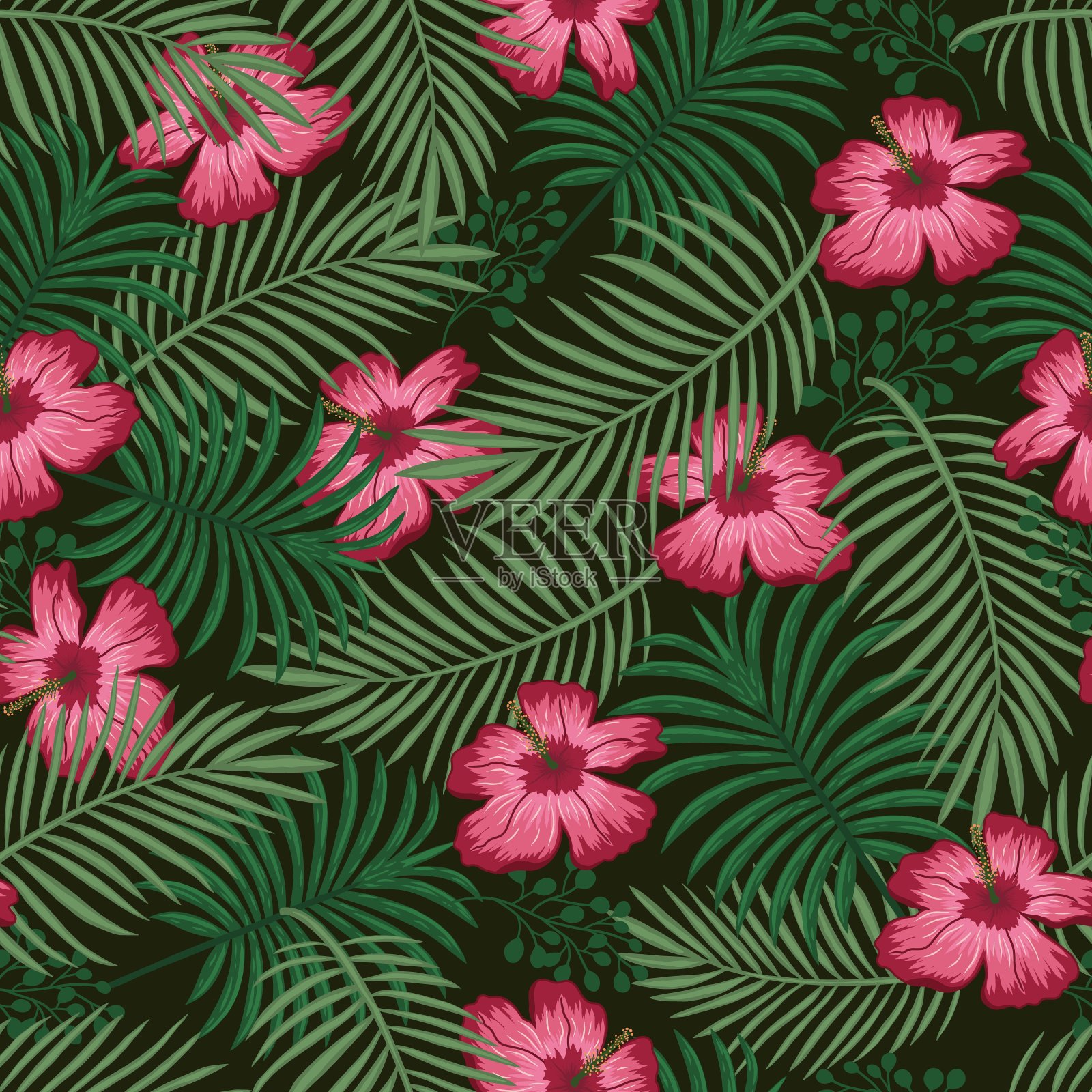 热带花卉彩色无缝图案在黑色背景与美丽的花绿色棕榈叶向量插画图片素材