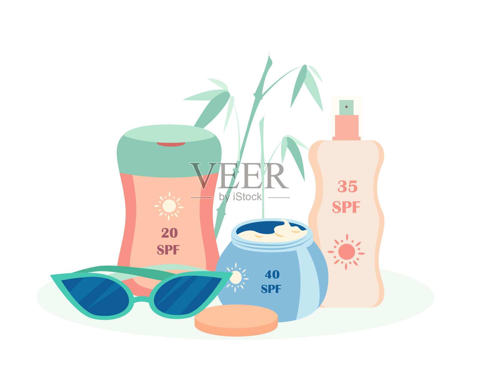 防晒。几管，几瓶防晒产品护肤化妆品。太阳镜，海滩工具为健康的晒黑向量。暑假，紫外线对健康的危害，日光浴设计元素图片