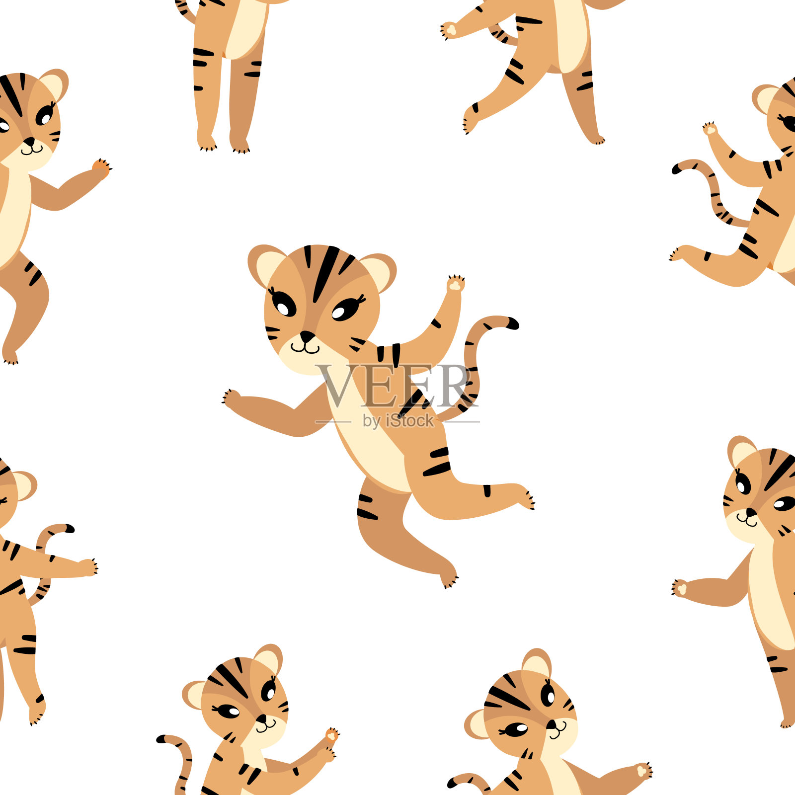 向量无尽的无缝模式与可爱的老虎在白色背景。时尚的面料设计。可爱的老虎躺，卡通矢量无缝图案。用于纺织品，织物，壁纸，纸张插画图片素材