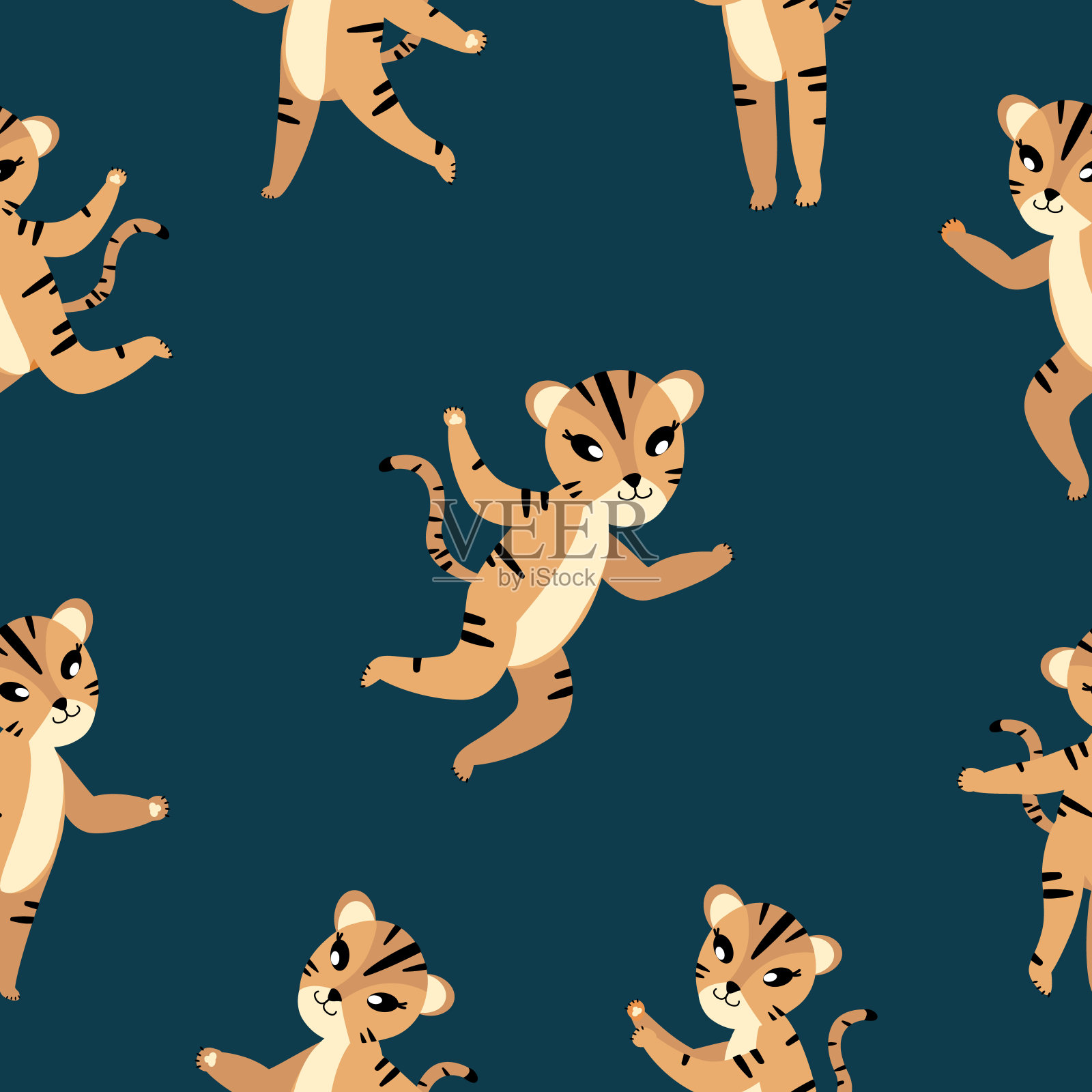 向量无尽的无缝模式与可爱的老虎在黑暗的背景。时尚的面料设计。可爱的老虎躺，卡通矢量无缝图案。用于纺织品，织物，壁纸，纸张插画图片素材