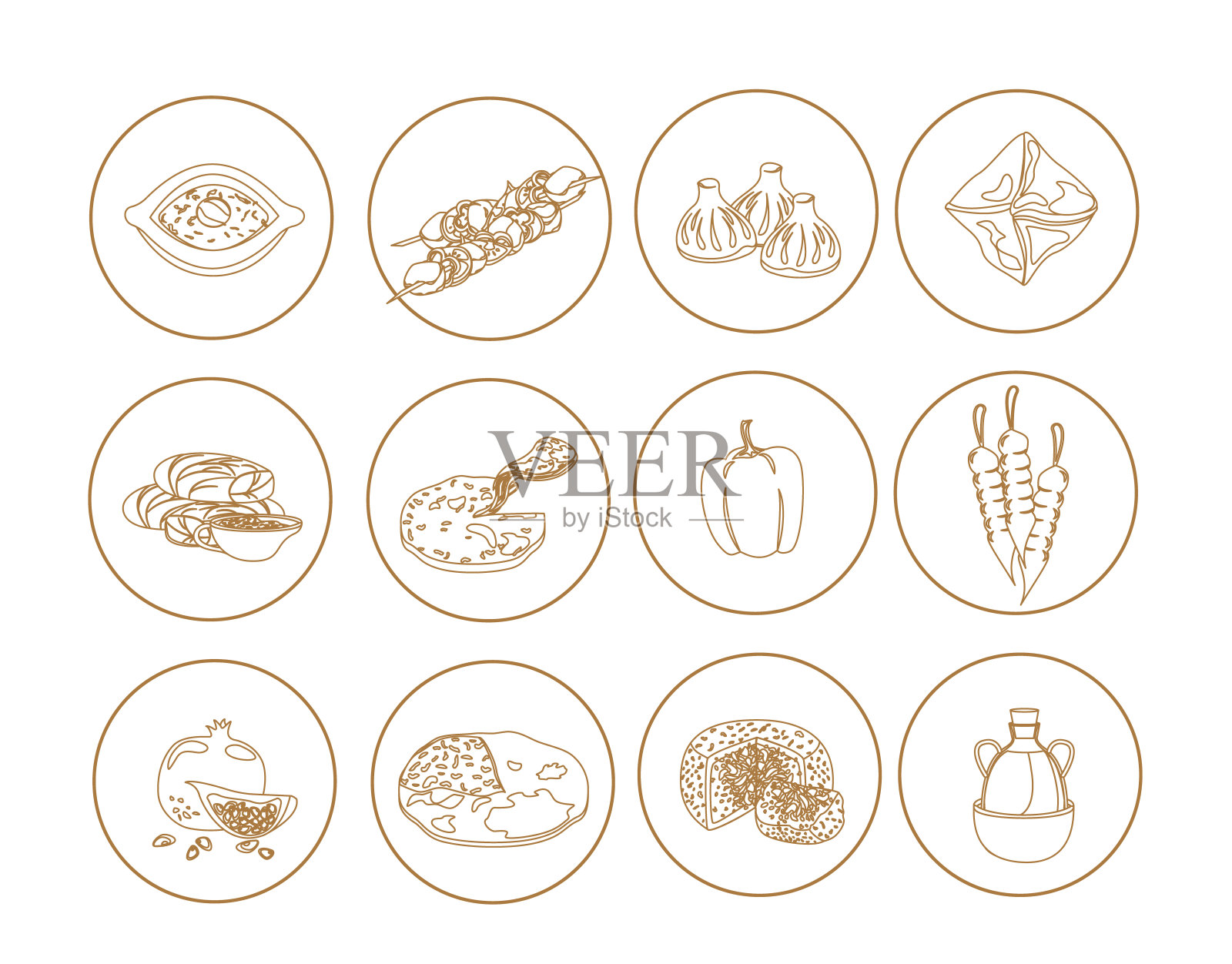 手绘图形格鲁吉亚烹饪美食设置图标菜肴的轮廓风格。不同的烤哈切布里，khinkali,shashlik，油炸肉，dolma菜肴。平面矢量插图孤立在白色背景上插画图片素材