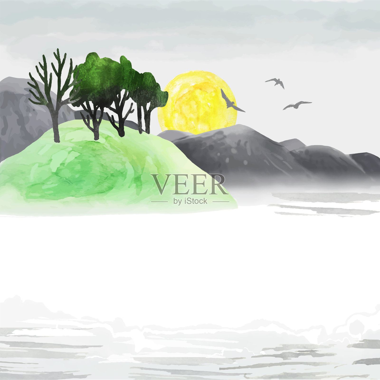 浪漫的水彩画的山脉与树木，河流，日出或日落。向量自然景观。手工绘制的模板与地方的文本或插图插画图片素材