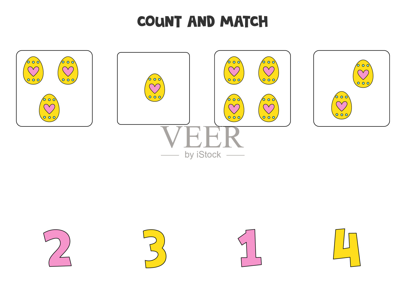 儿童数数游戏。数出所有的复活节彩蛋，并用数字匹配。对儿童工作表。插画图片素材