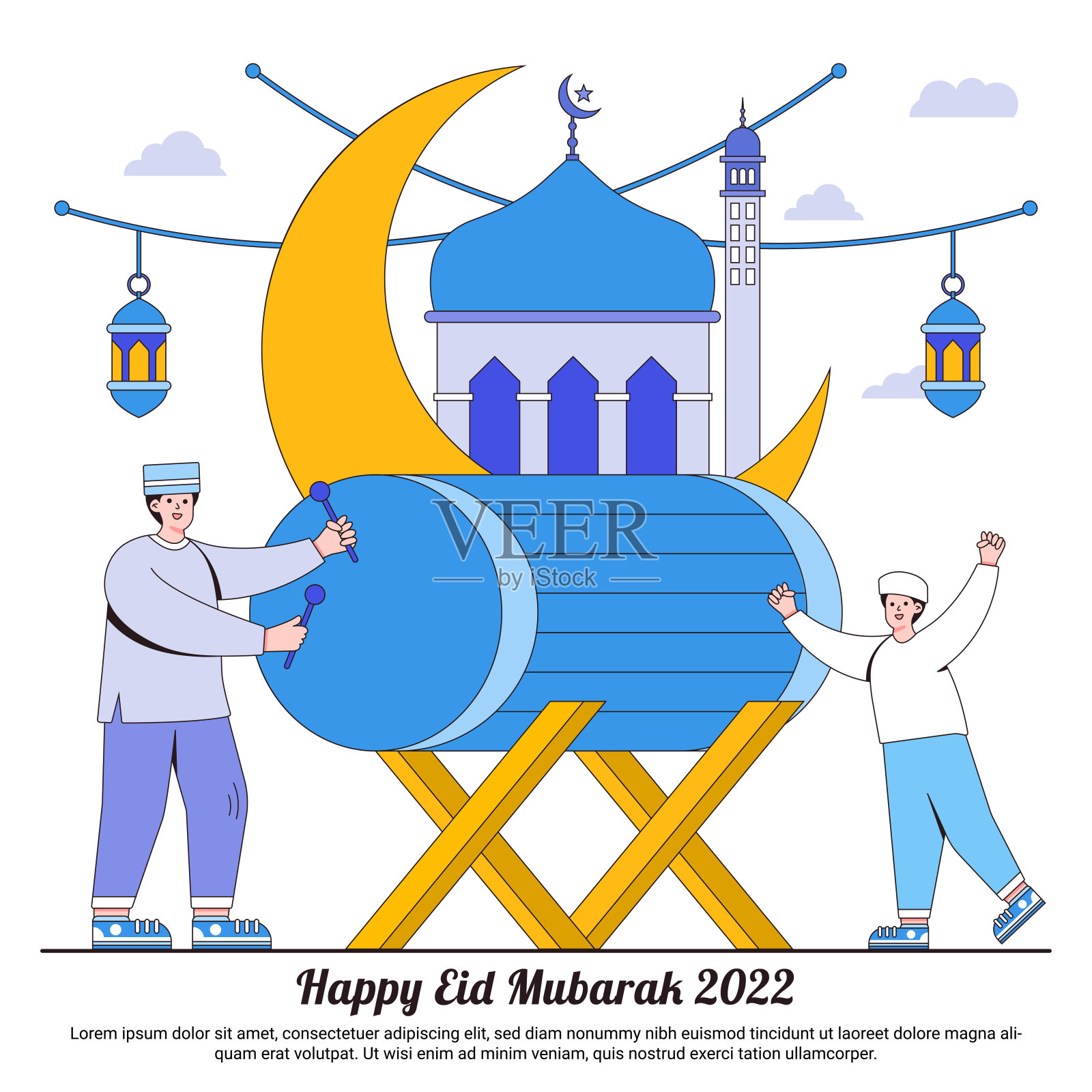 快乐的斋月穆巴拉克与月亮，灯笼，和穆斯林鼓手字符问候设计模板素材