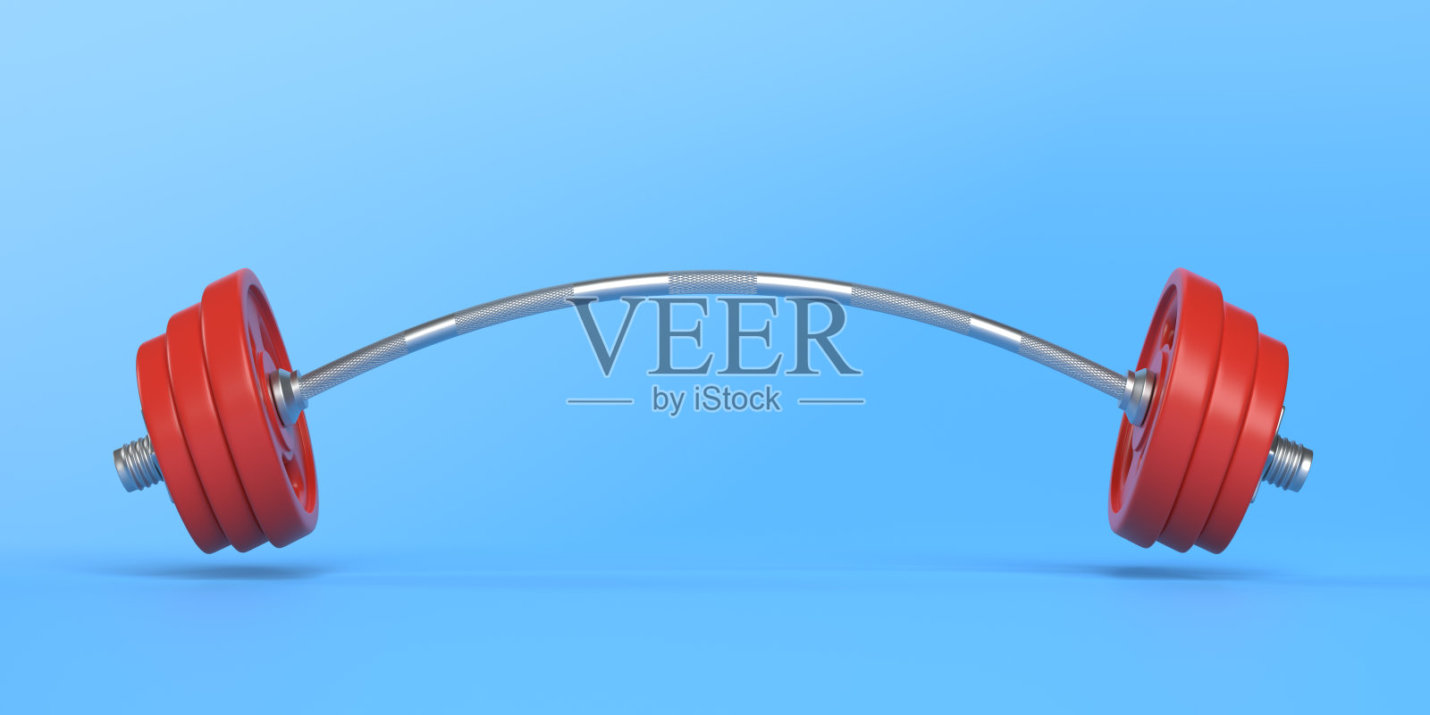 金属杠铃弯曲的两边，因为非常重的重量添加在蓝色的背景上照片摄影图片