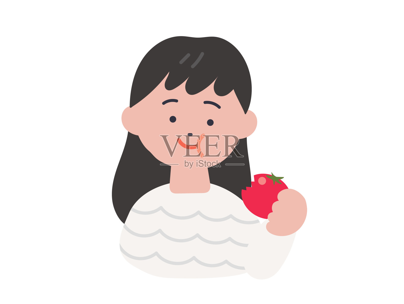 一个女孩正在吃一个鲜红的番茄插画图片素材
