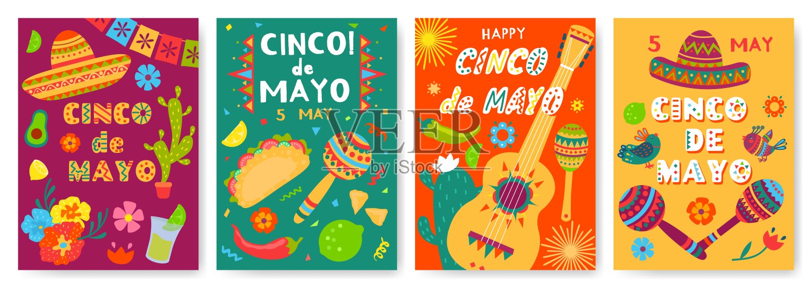 五月五日节海报，墨西哥节日庆祝传单。墨西哥节日派对邀请用墨西哥帽、吉他、沙球矢量设置插画图片素材
