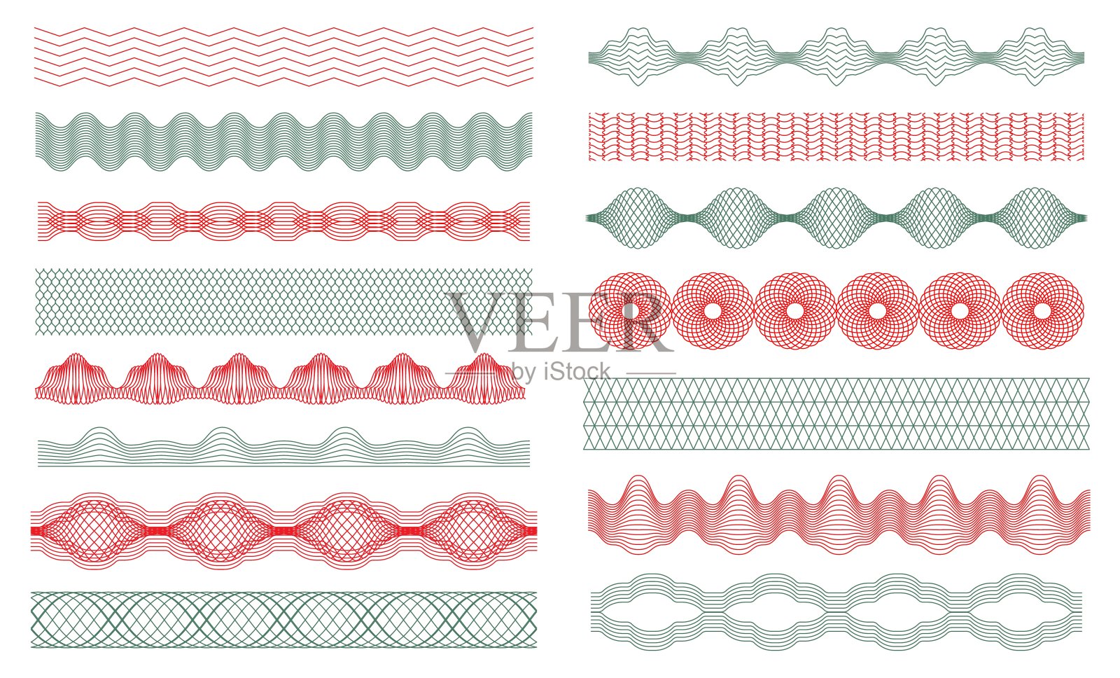 Guilloche borders, money watermark，证书装饰元素。钞票安全水印，guilloches无缝边界向量集插画图片素材