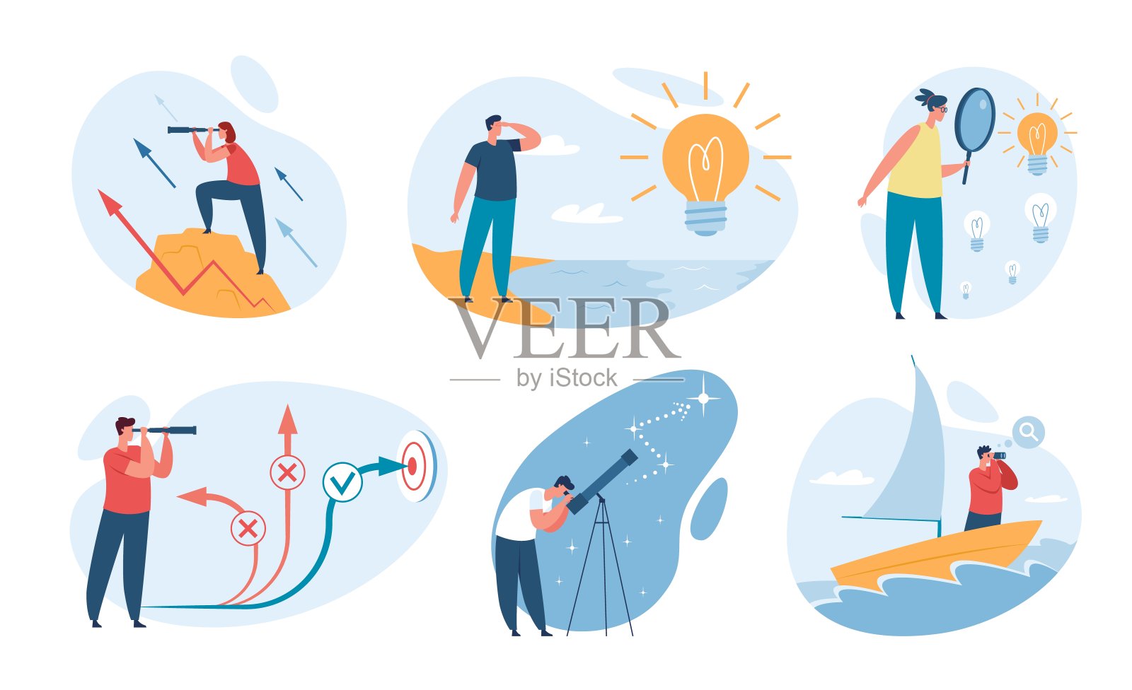 人们展望未来，寻找机会和新想法。具有双目或望远镜的人，职业道路概念向量集设计元素图片