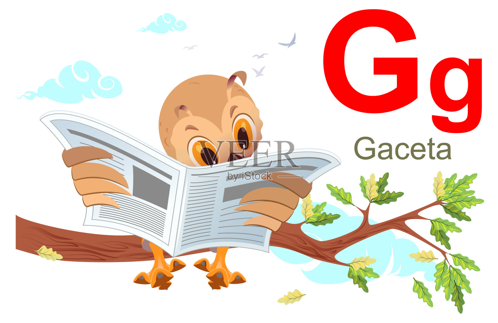 西班牙语字母g报纸。猫头鹰坐在树枝上读报纸插画图片素材