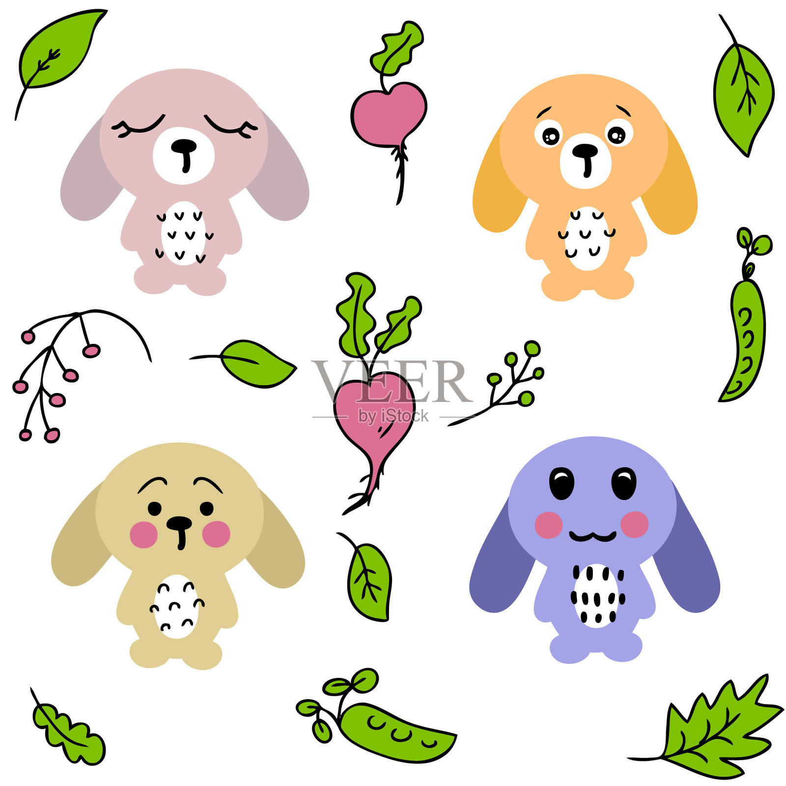 手绘兔子和蔬菜春季收集。完美的t恤，海报和印刷。涂鸦矢量插图装饰和设计。插画图片素材