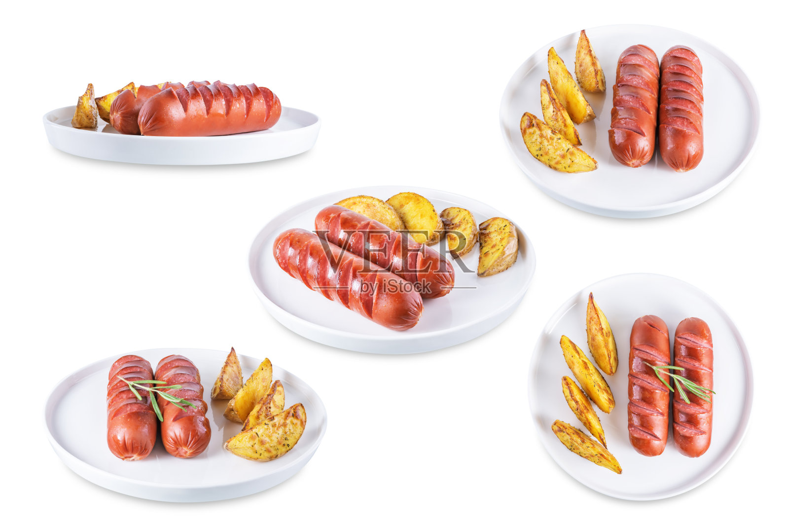 煎香肠和烤土豆在一个盘子上白色孤立的背景照片摄影图片