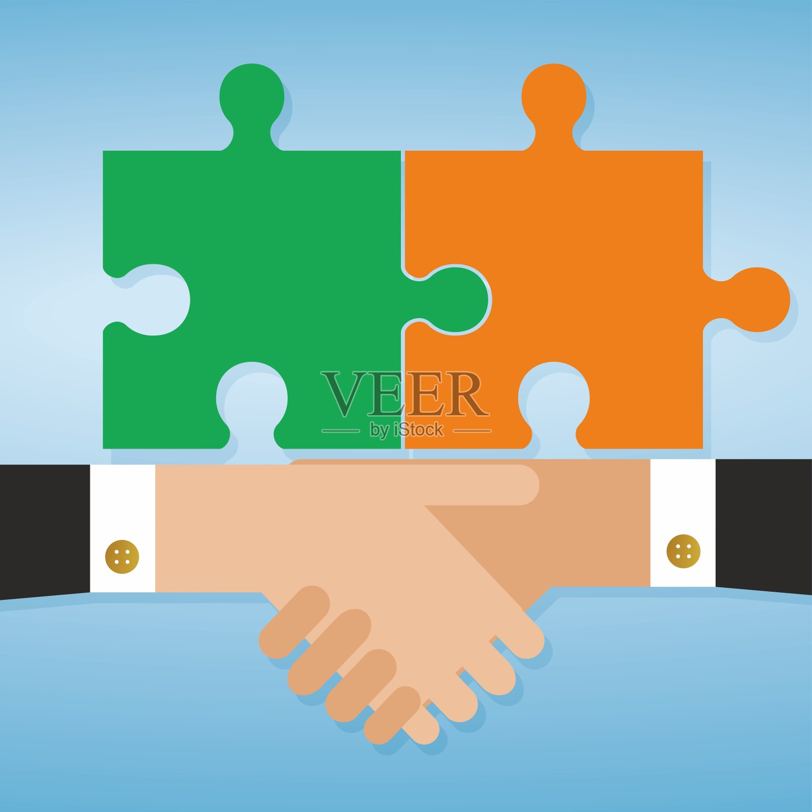 协议。两只手握着两块拼图。矢量插图。插画图片素材