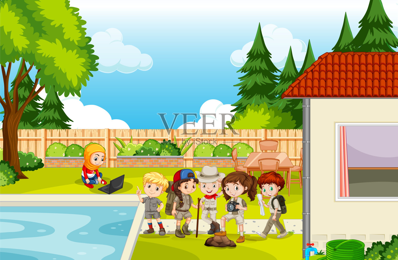 和孩子们在公园里的场景插画图片素材