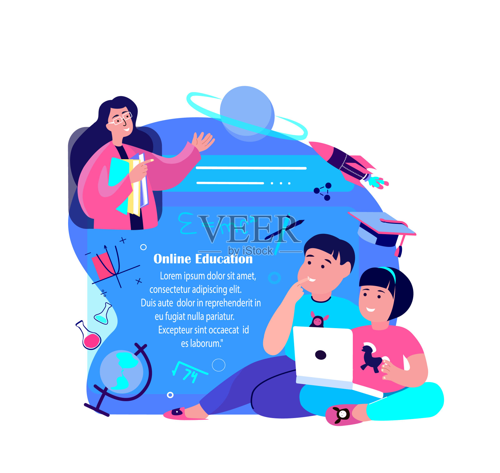 远程教育。儿童在线数字课程补习教育。教师教练在视频笔记本电脑上为学生讲解知识。学生学习。学校作业回家。网络学习。矢量图插画图片素材