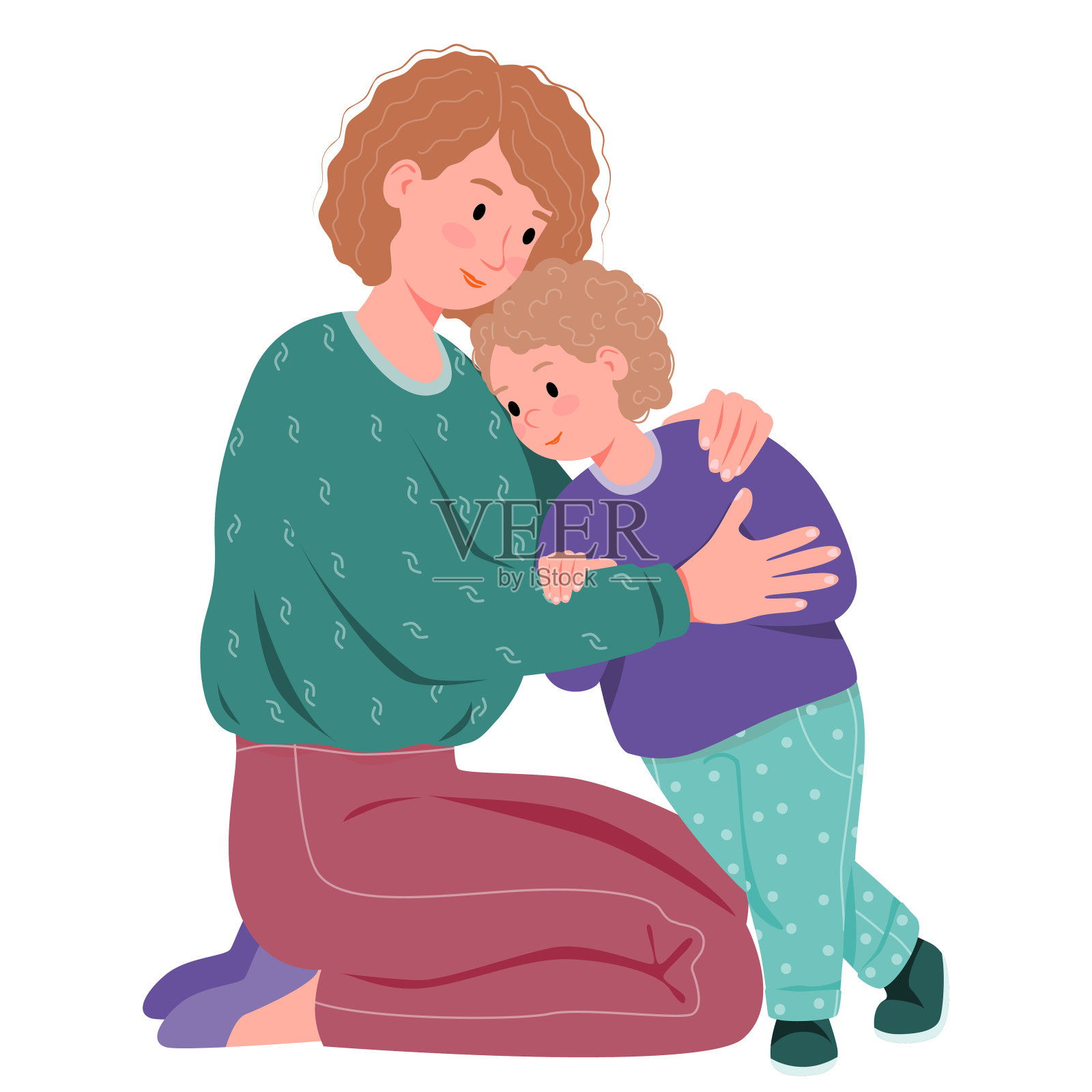 母亲和孩子。妈妈用慈爱和温柔拥抱她的儿子。妈妈和宝宝说话。插画图片素材