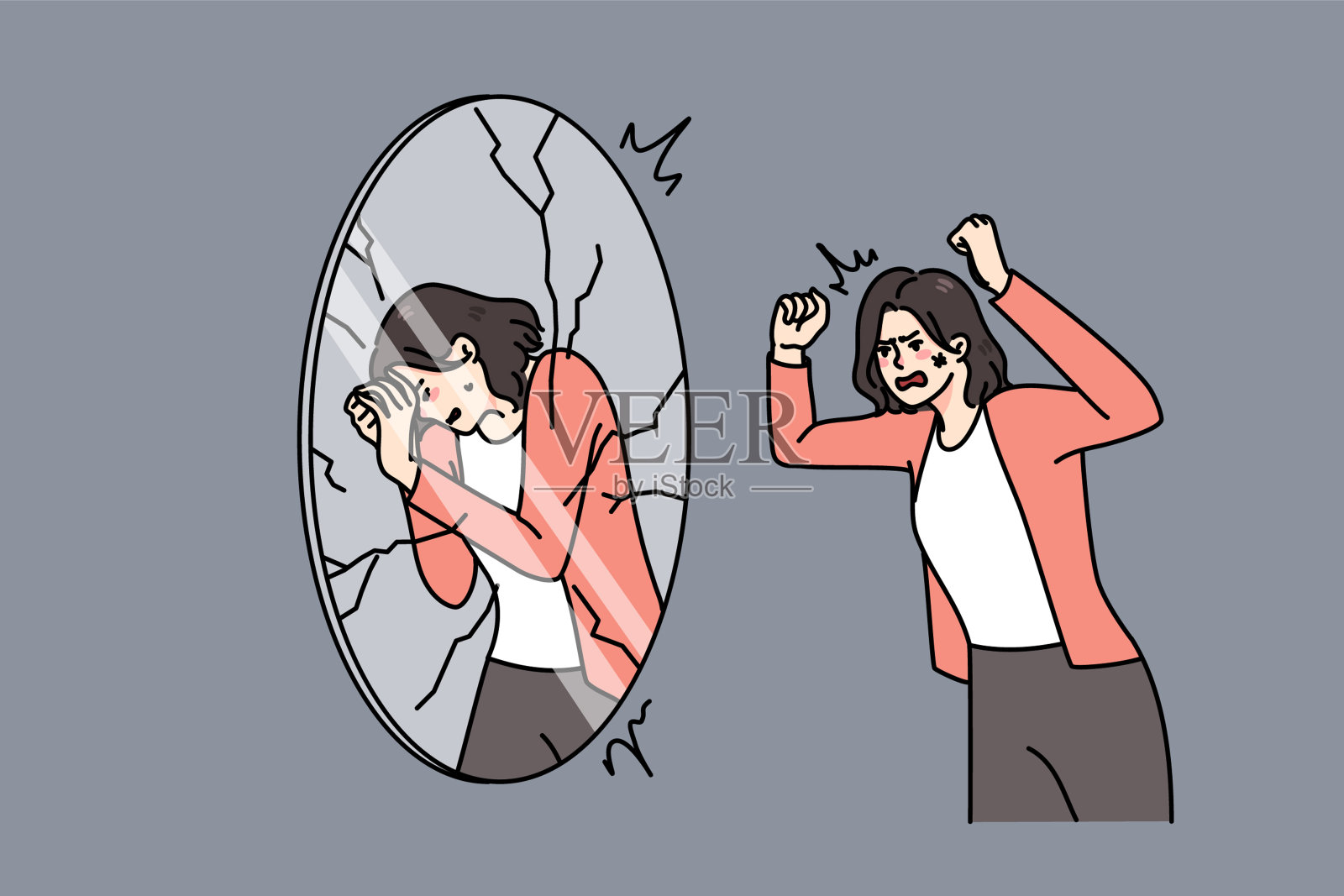 愤怒的女人对着镜子大喊插画图片素材