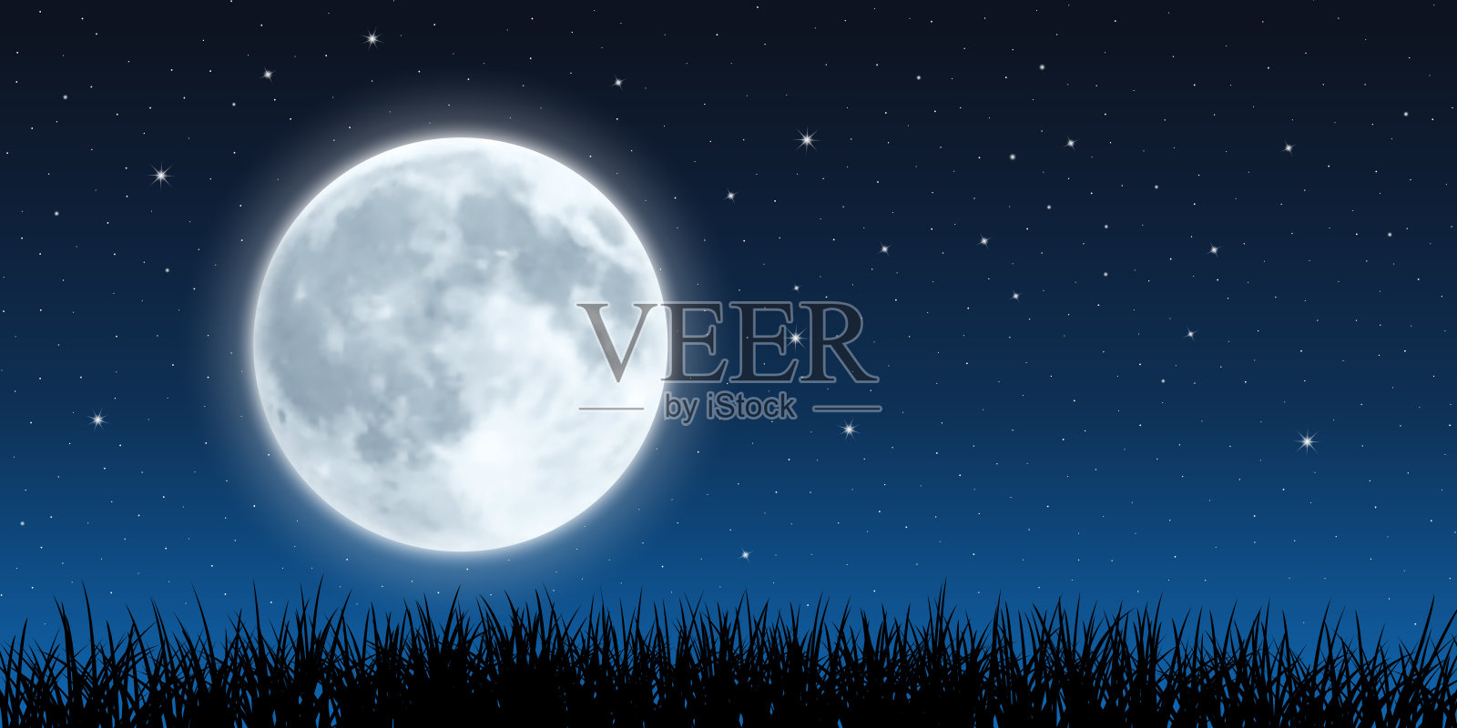 满月上升。繁星闪烁的夜晚,插画图片素材