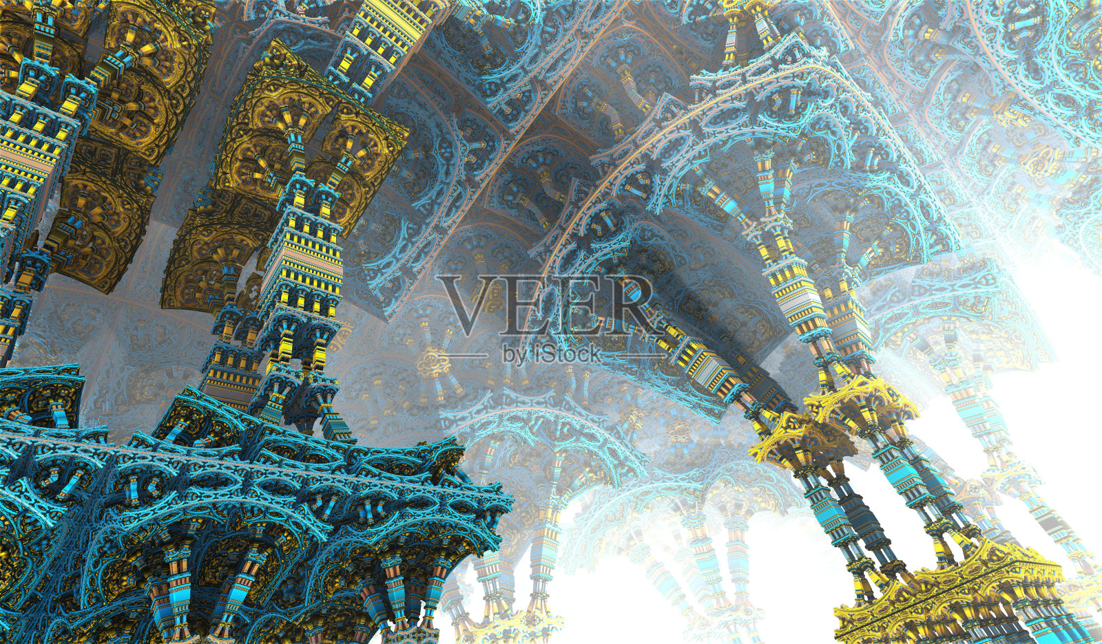 计算机生成分形设计。一个美丽的无限数学曼德尔勃特集分形的3D插图。插画图片素材