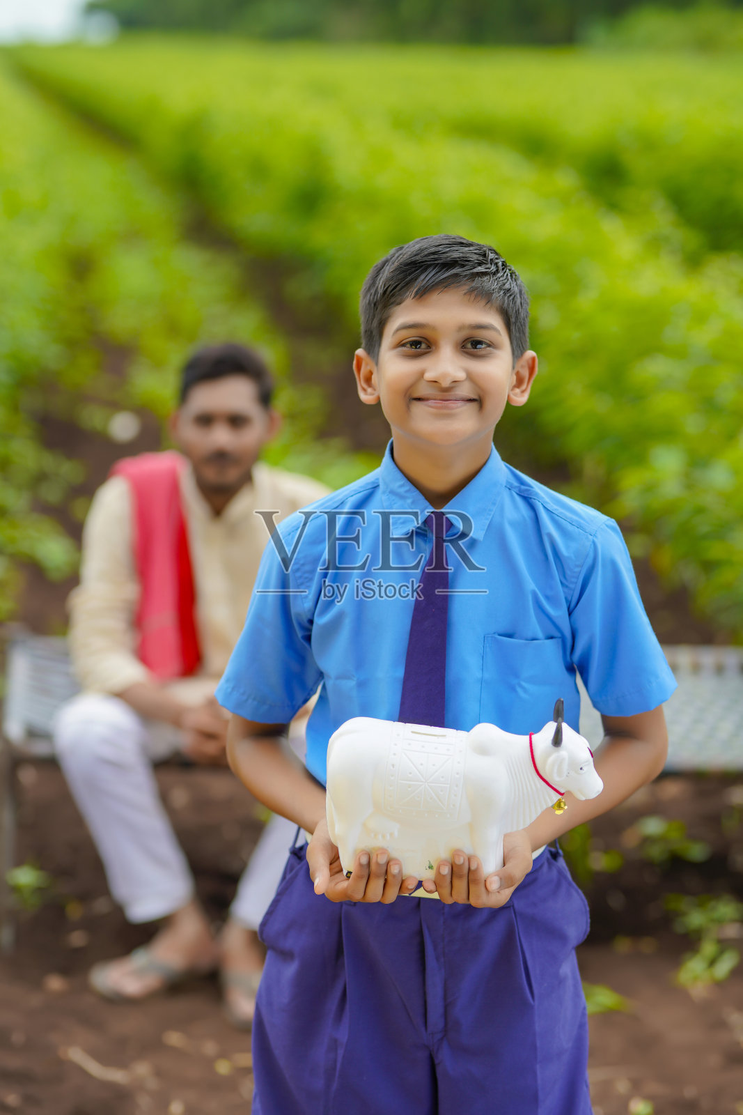 储蓄概念的重要性:聪明的印度小男孩站着，手里拿着存钱罐，在农业背景下照片摄影图片