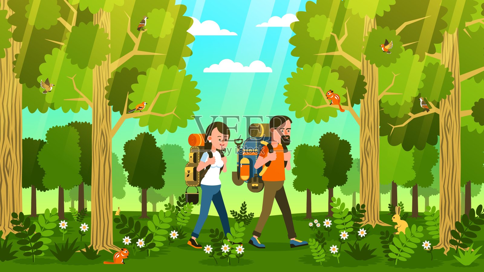 几个背包游客穿过绿色的森林插画图片素材